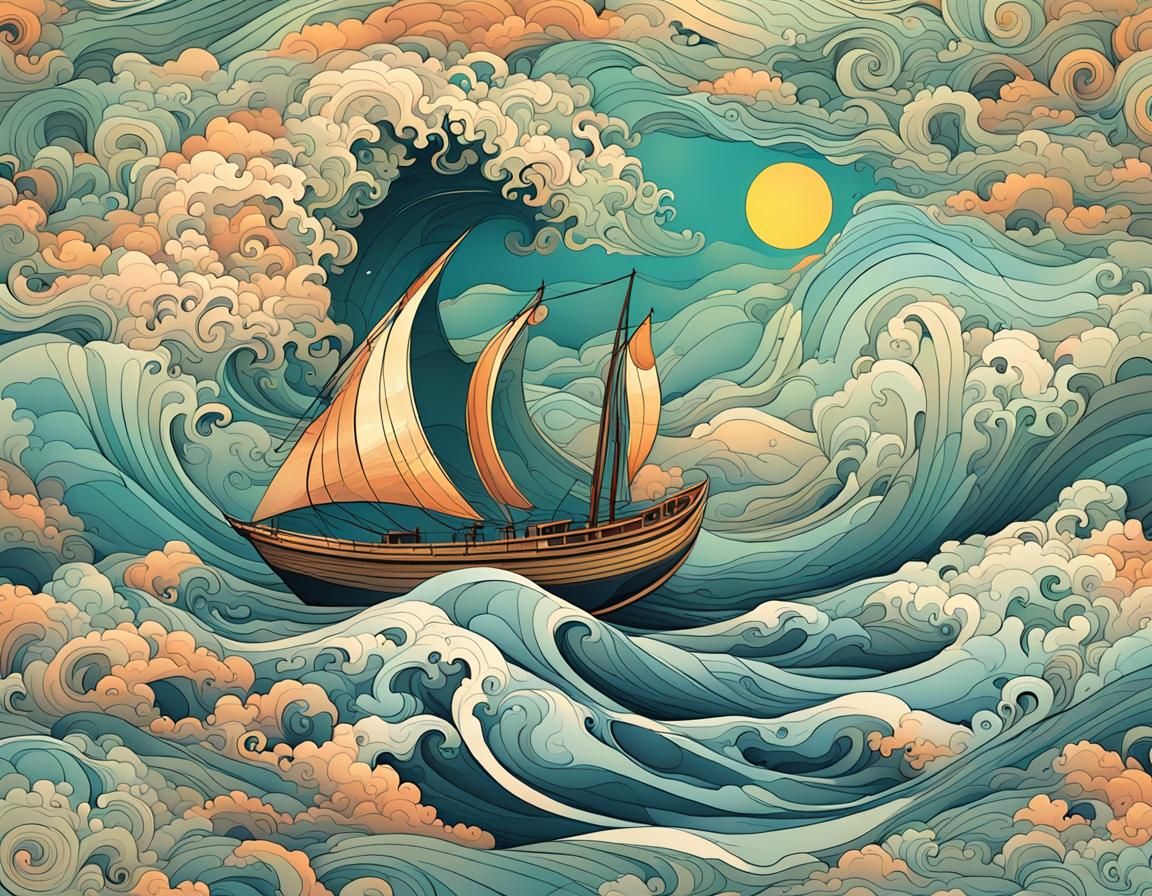 Pastel Seascape with Sailboat in Ukiyo-e Style