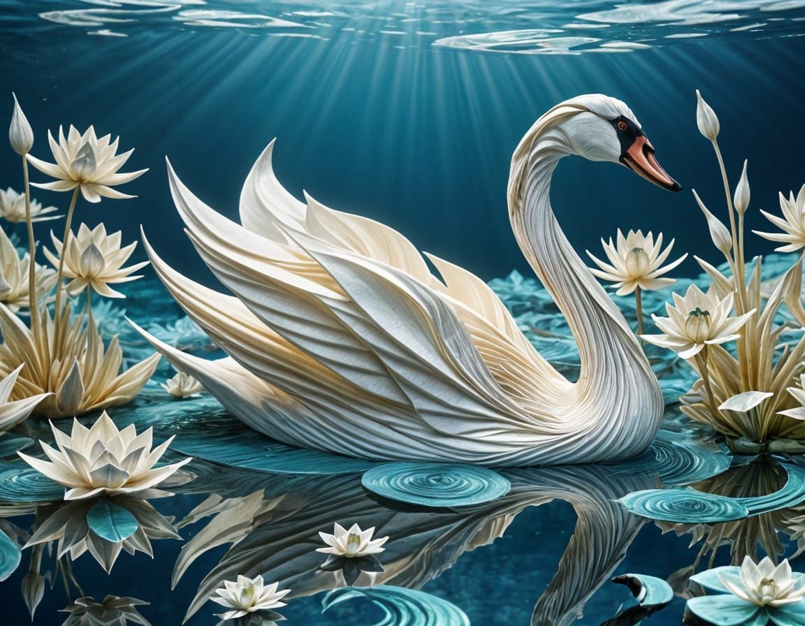 Origami Swan Swimming on Fractal Origami Lake