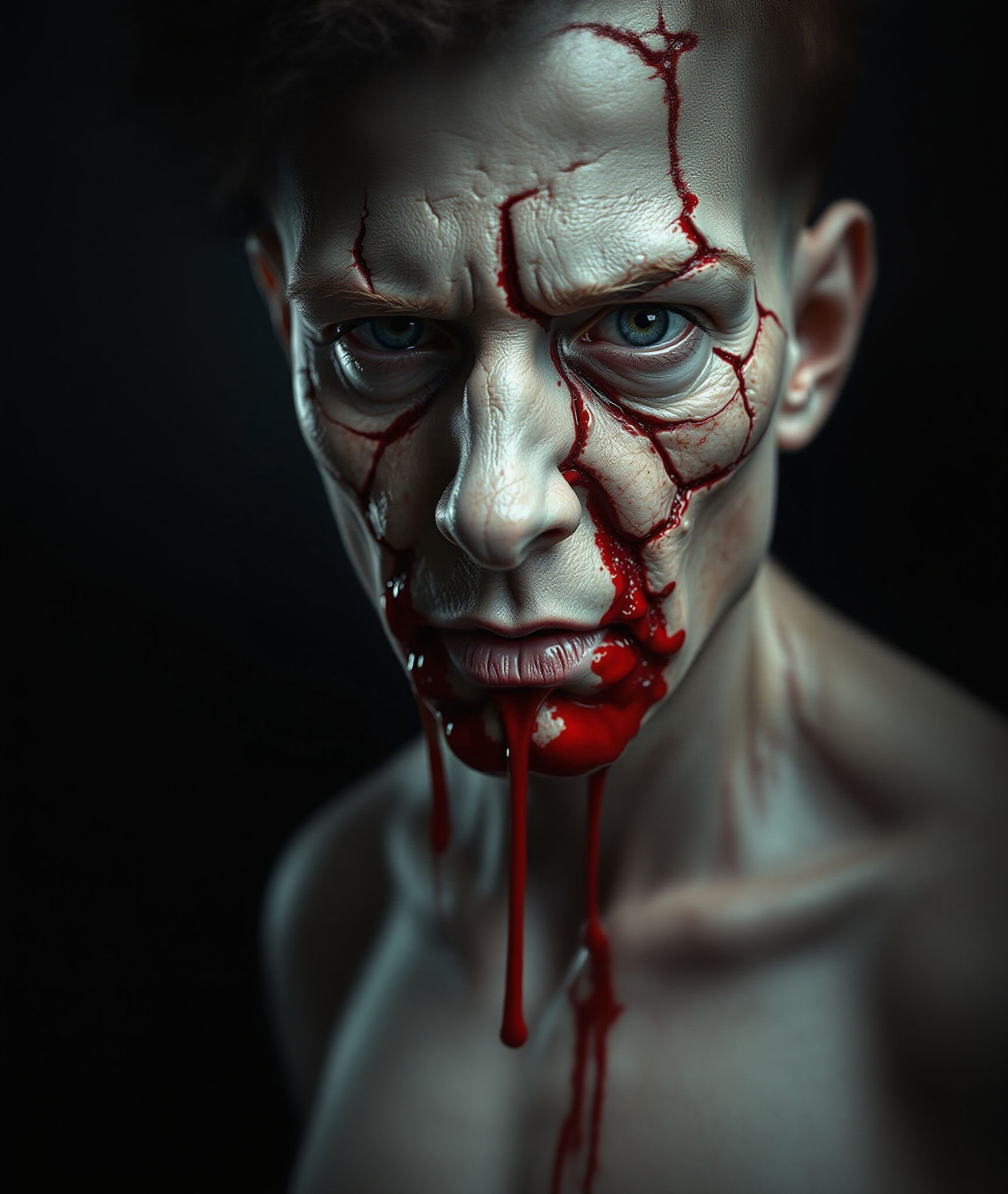 Surreal Portrait: Fractured Face with Crimson Tears