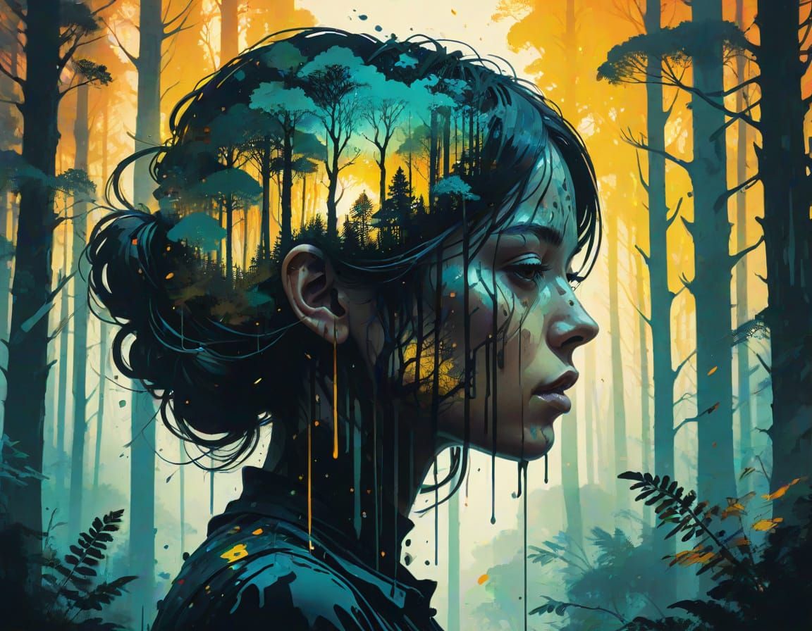 Surreal Silhouette Portrait in Psychedelic Forest