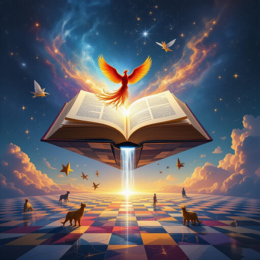 Cosmic Library with Living Stories and Galaxy Quilt