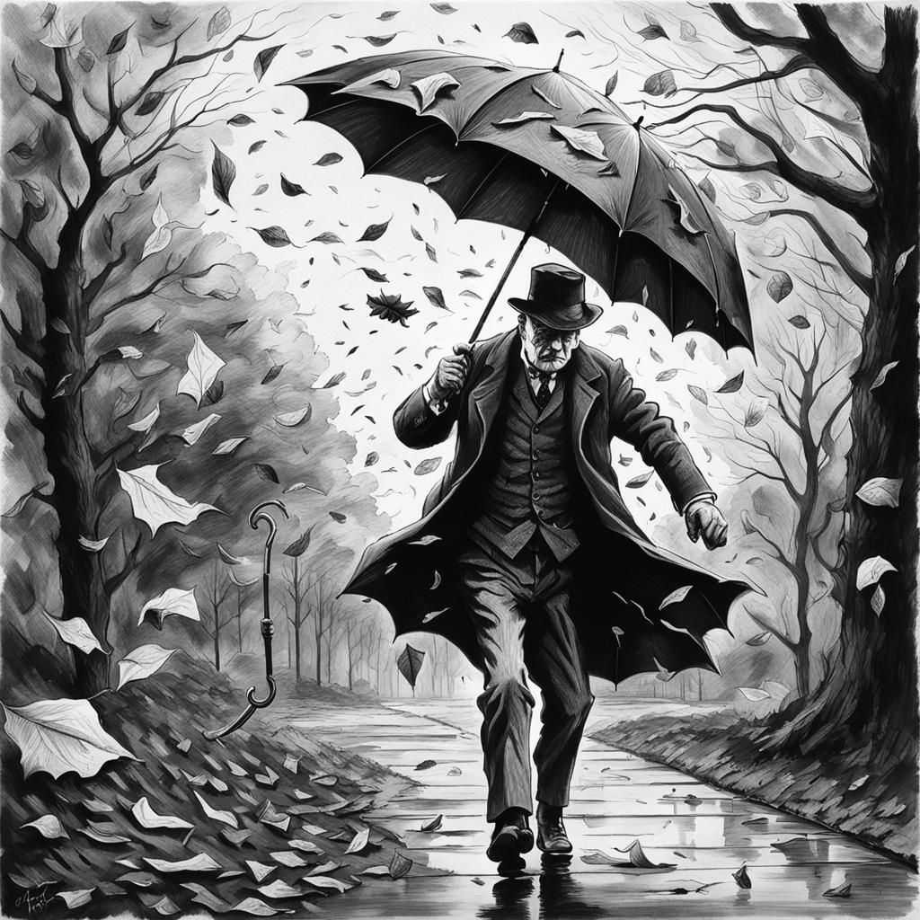Windy Day: Sinister Ink Drawing of Umbrella Struggle