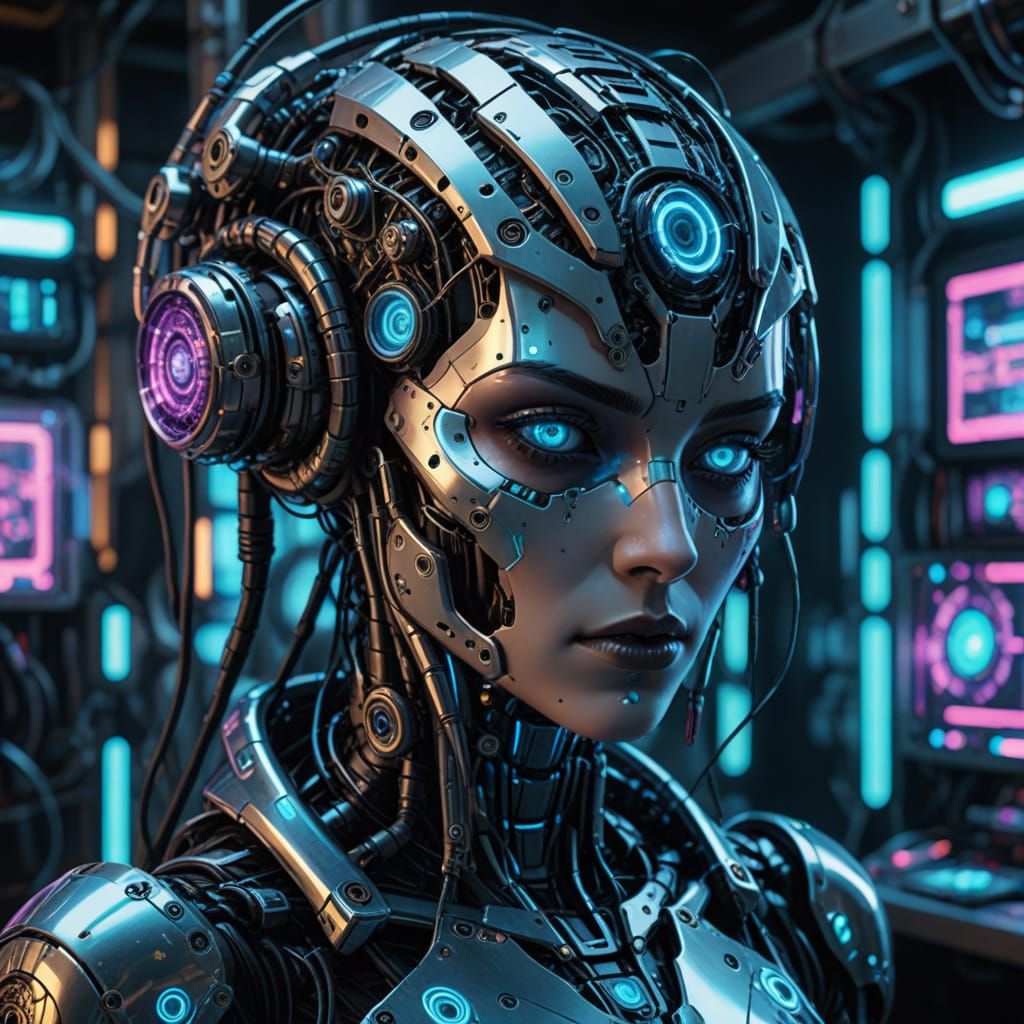 Cyberpunk Cyborg Girl in Futuristic Workshop