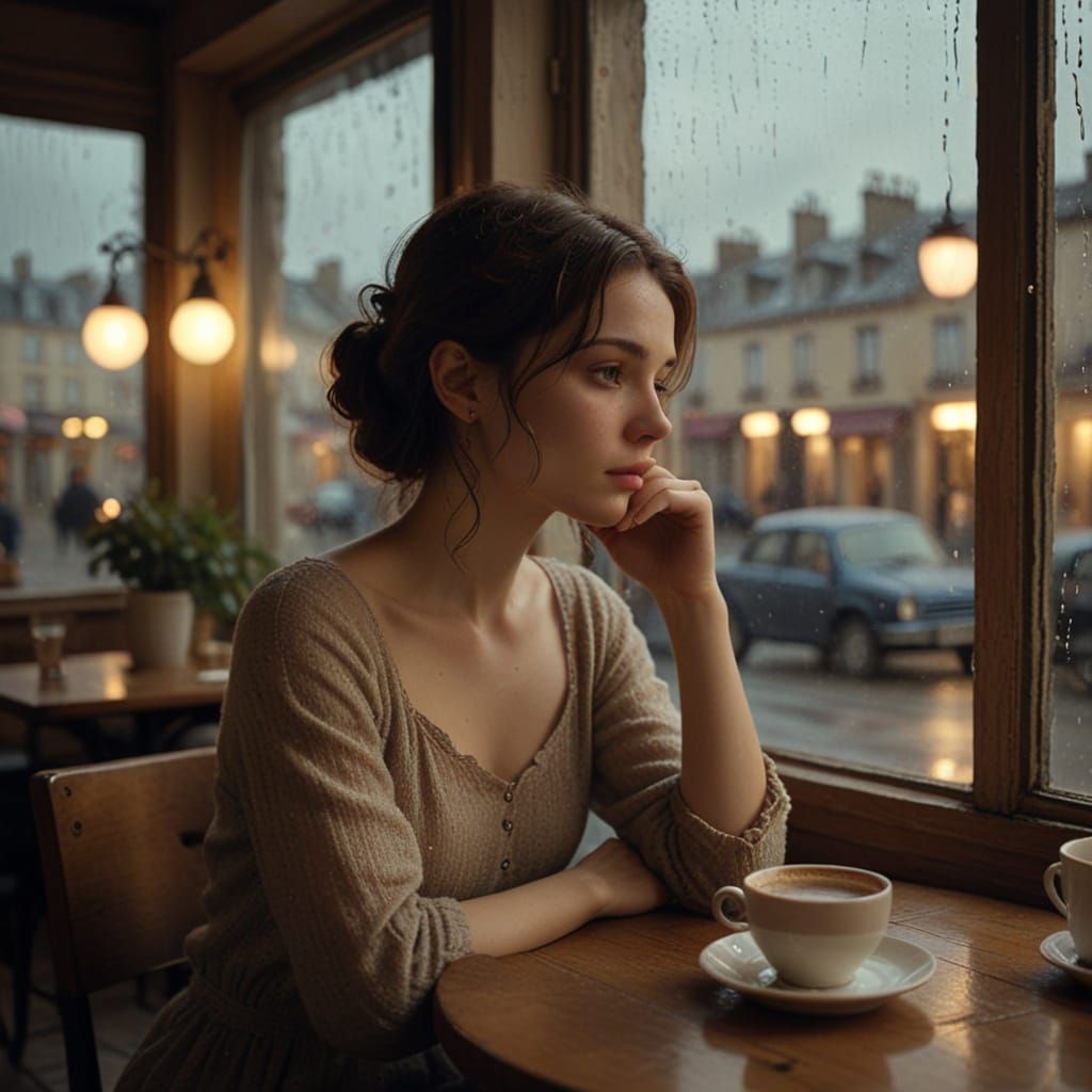 A Woman's Melancholic Solace in Rainy Day Café