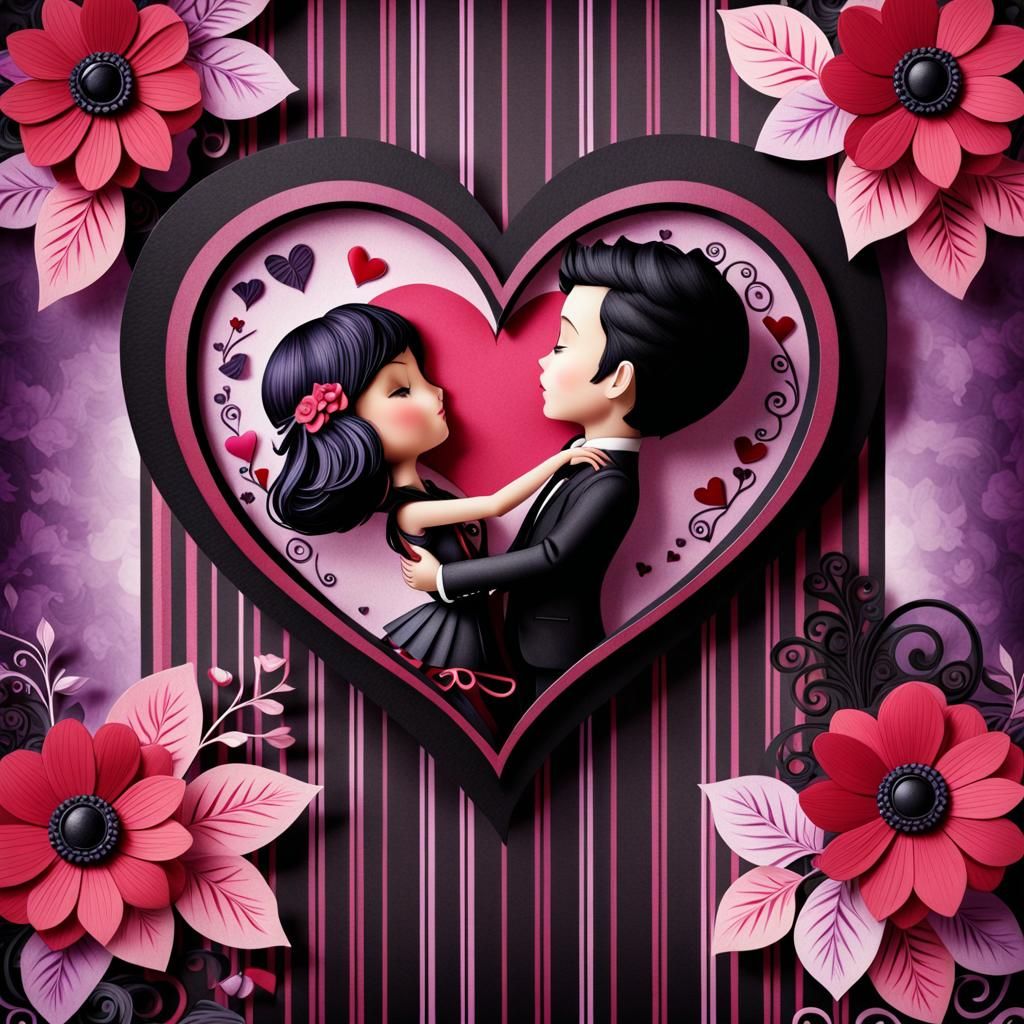 Romantic Chibi Couple Dancing in Gothic Watercolor Style