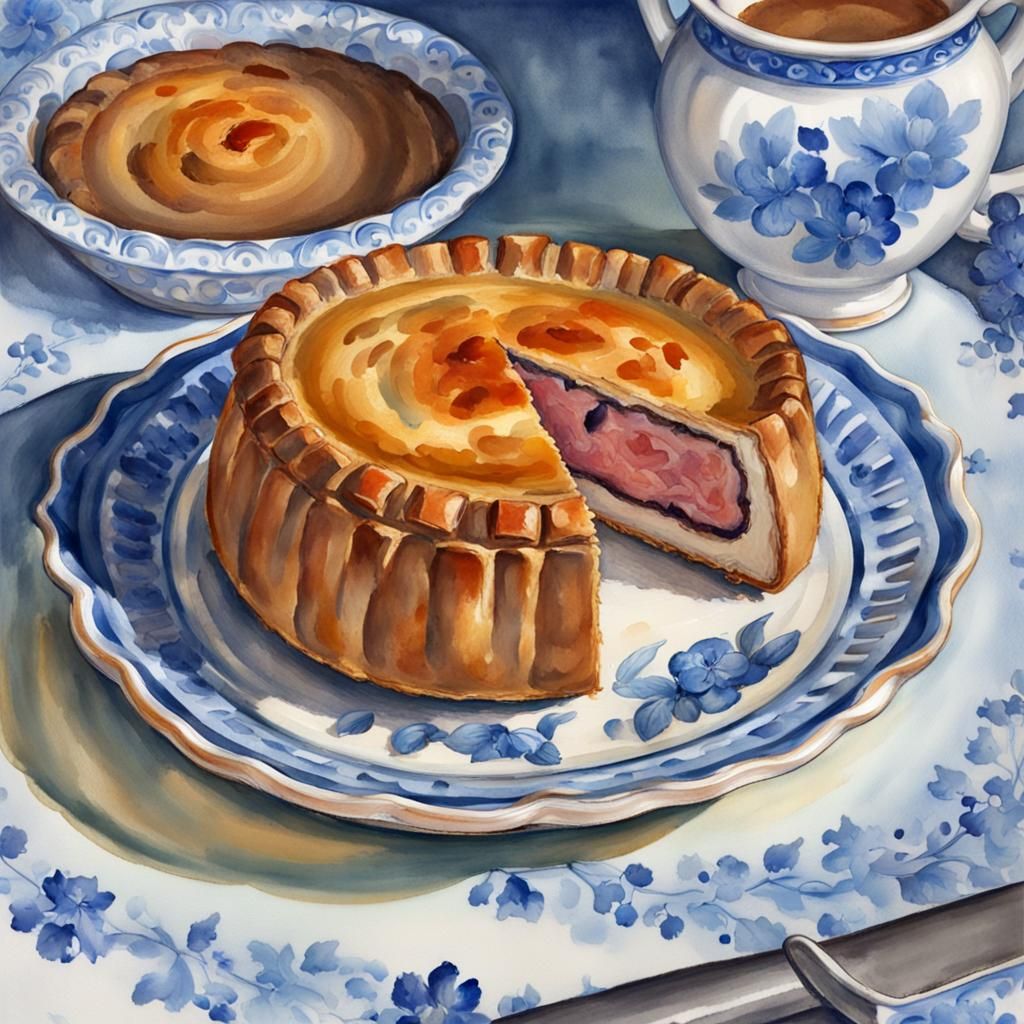 Pork Pie on Delft Plate as Gouache Painting