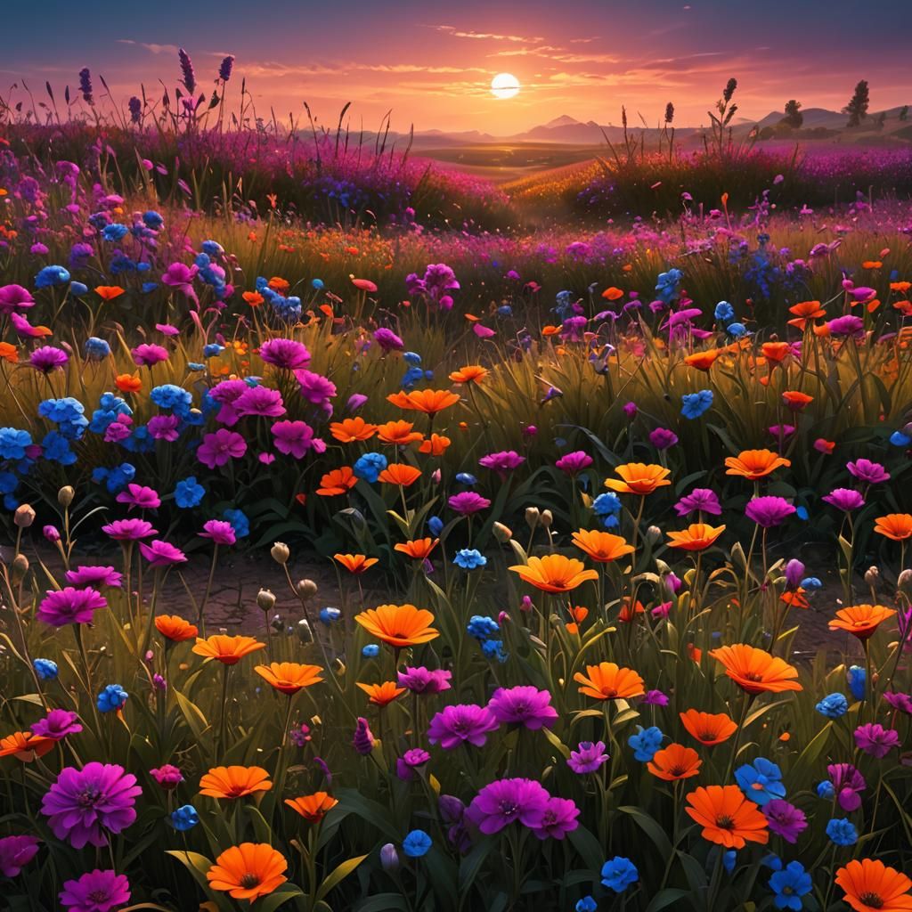 Field of Flowers with Orange Sky in Fantasy Art