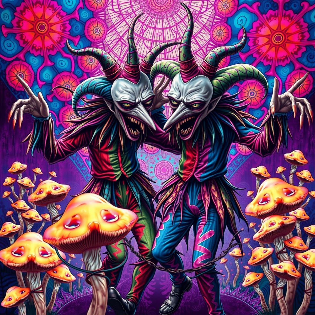 Surreal Jesters Unleash Chaos in a Vibrant DMT Dreamscape