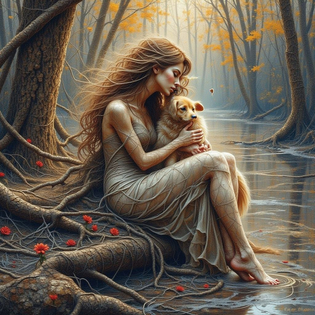 Woman and Dog in Forest Watercolor, Impressionist Style