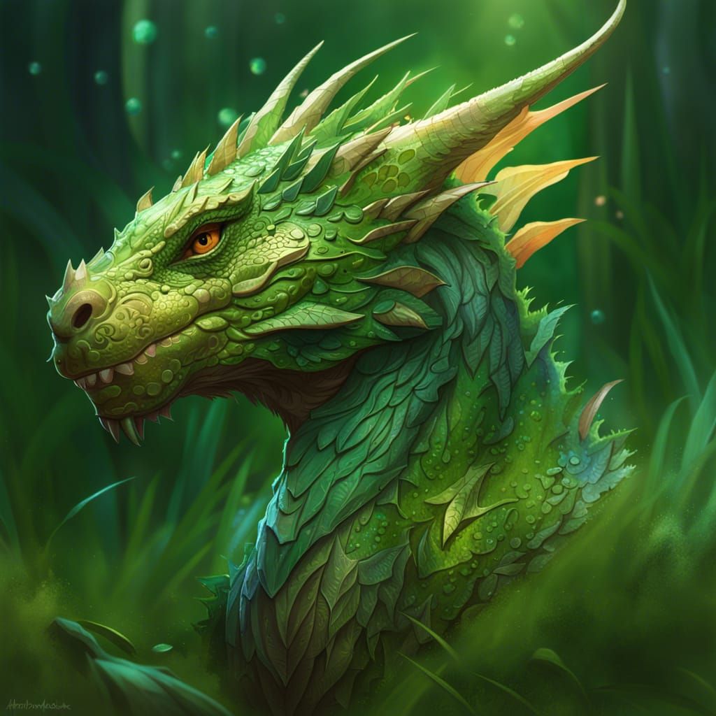 Grass Dragon Portrait in Hyperdetailed Digital Art