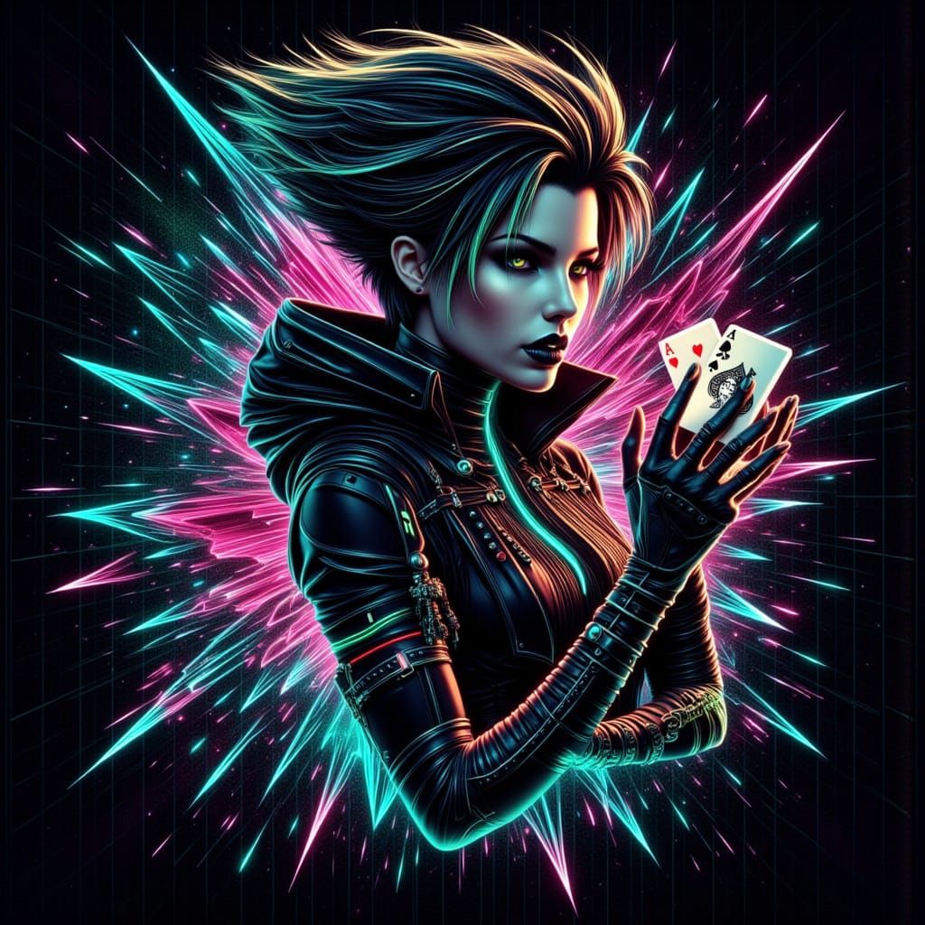 Cyberpunk Goddess with Holographic Card