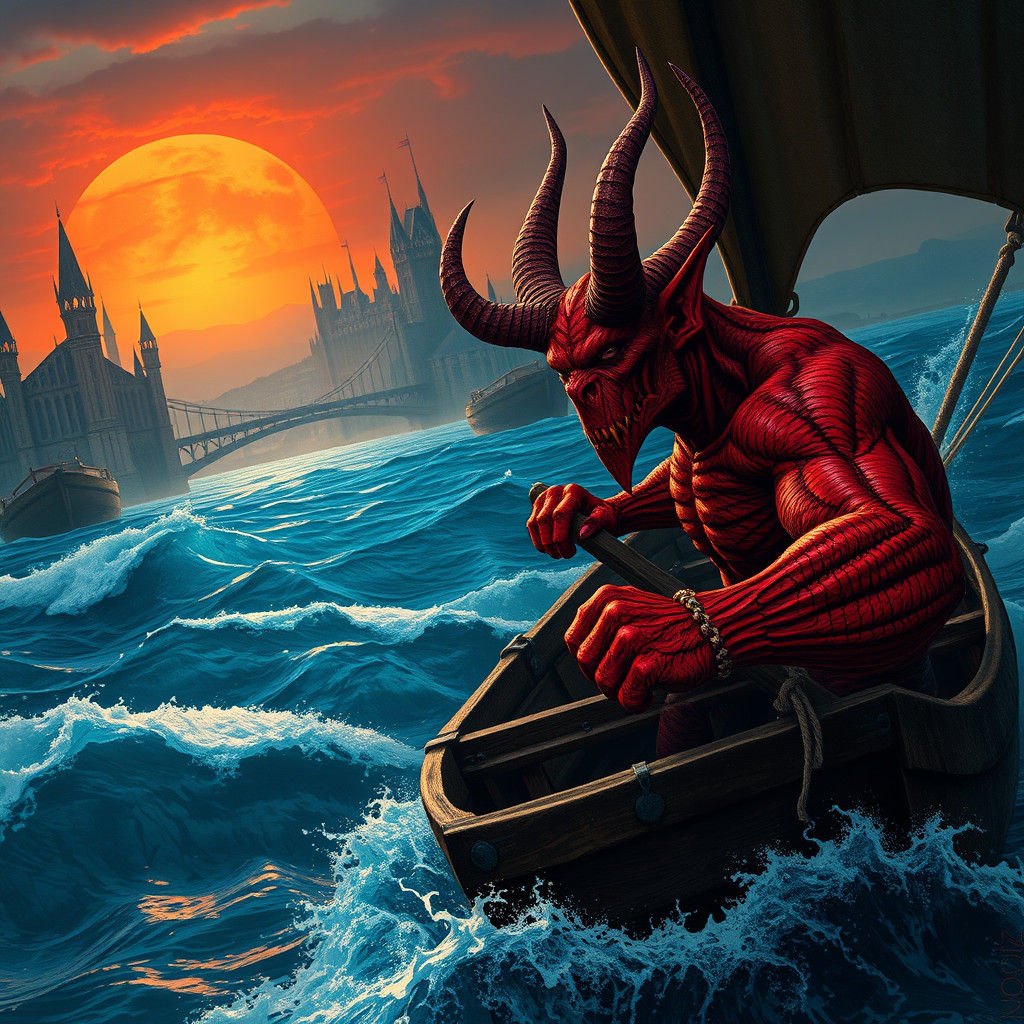 Hellish Boatman Navigating Underworld River