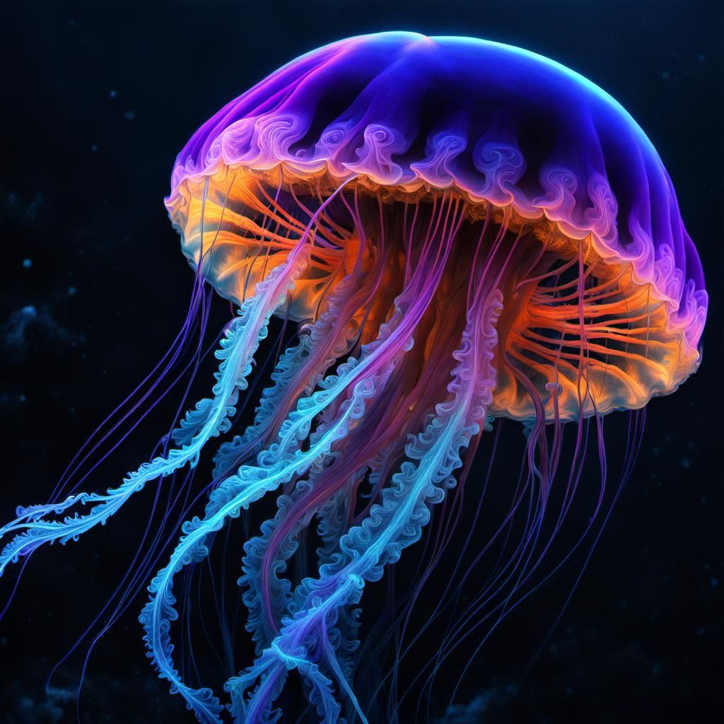 Neon Bioluminescent Jellyfish and Man-o-War in Darkness