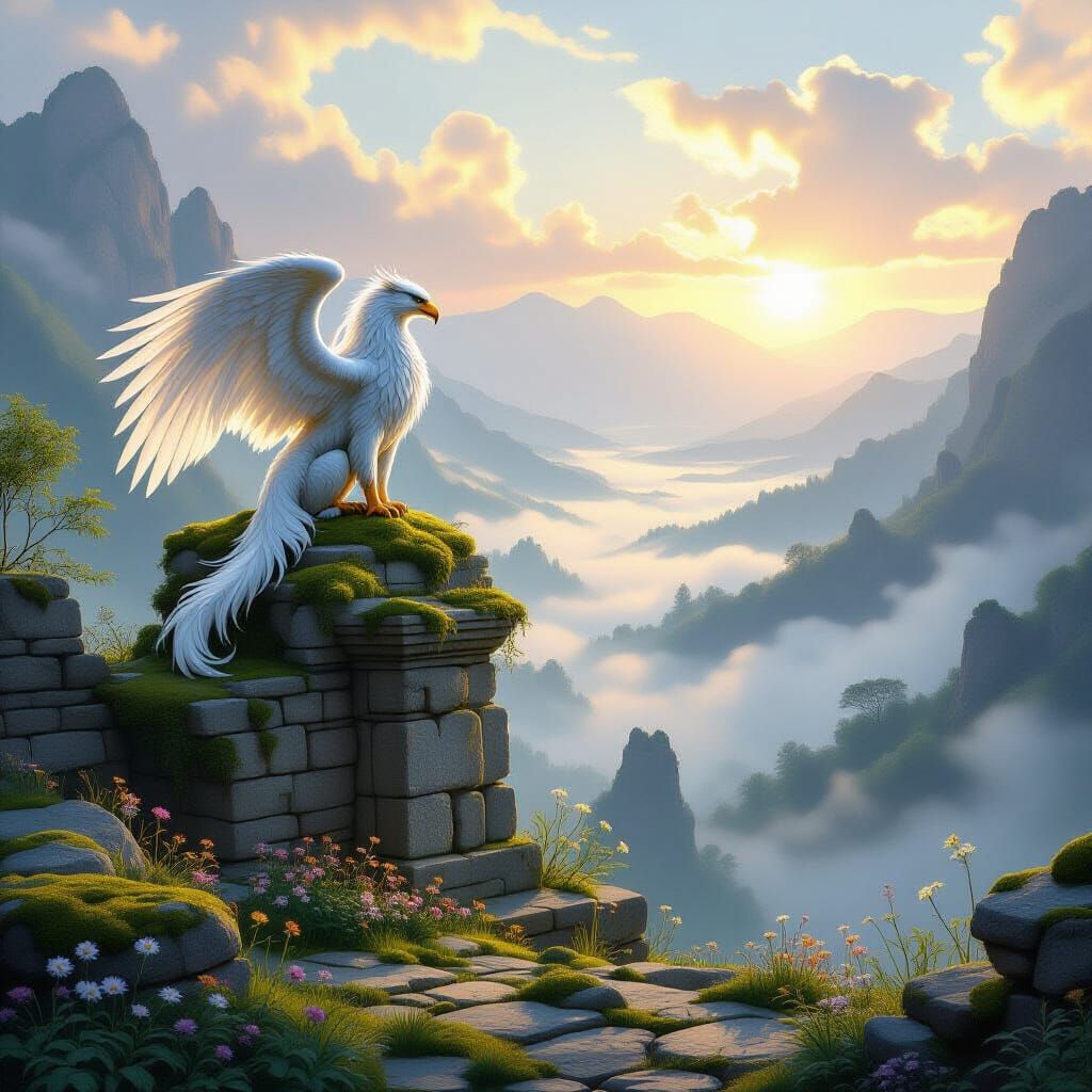 Majestic Griffin Overlooking Misty Valley at Dawn