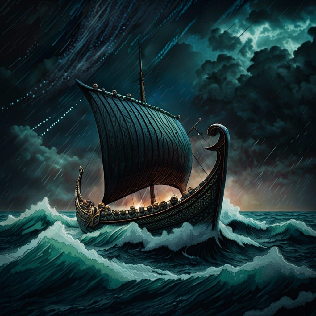 Viking Longboat on Stormy Sea with Cosmic Sky