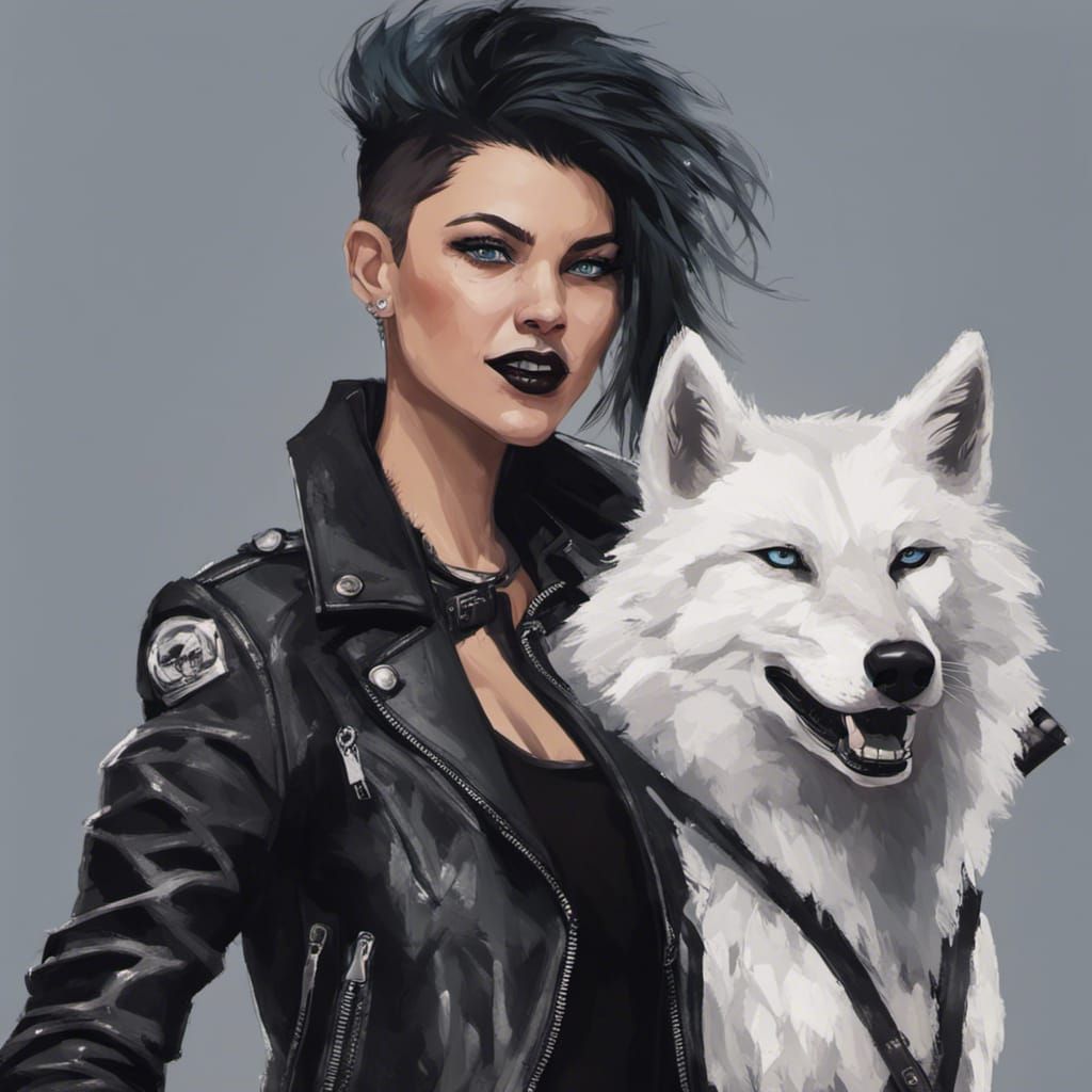 Punk Rock Selfie with Wolf, Splash Art Style