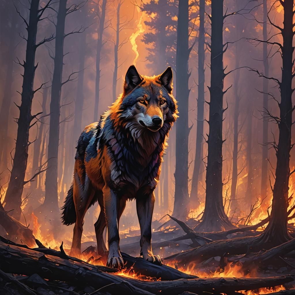 Wolf Walking Through Forest Fire in Fantasy Art