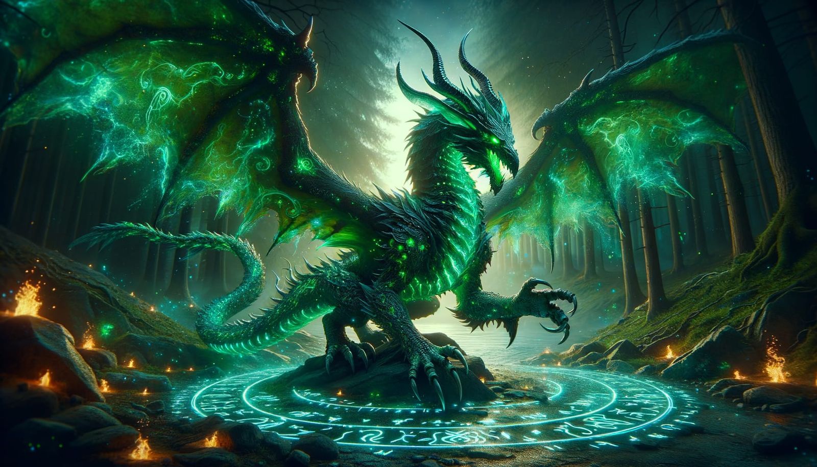 Emerald Wyvern Dragon on Rocky Cliff in Cinematic Light