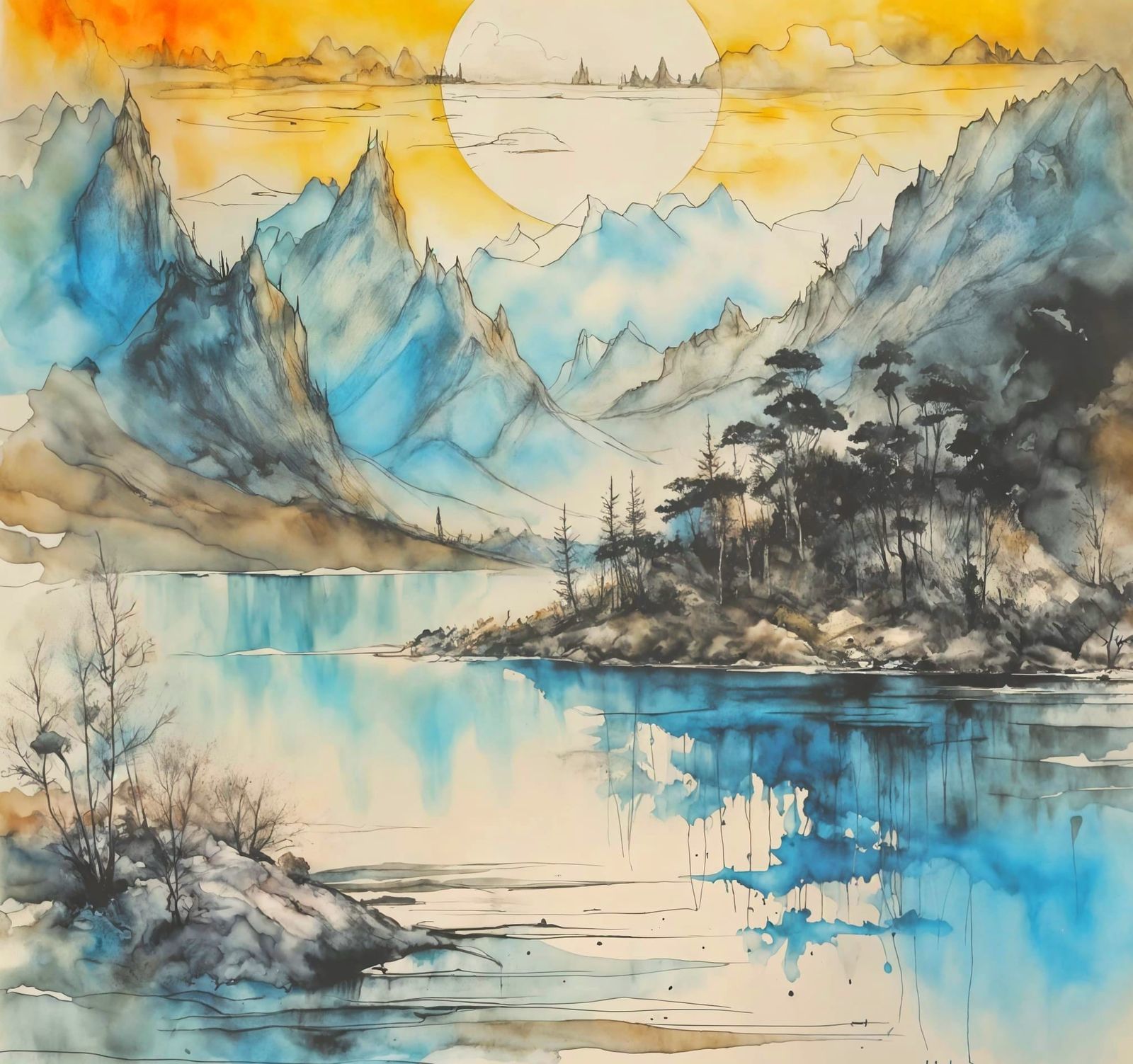 Colorful Lake Sunrise Ink Drawing in Abstract Style