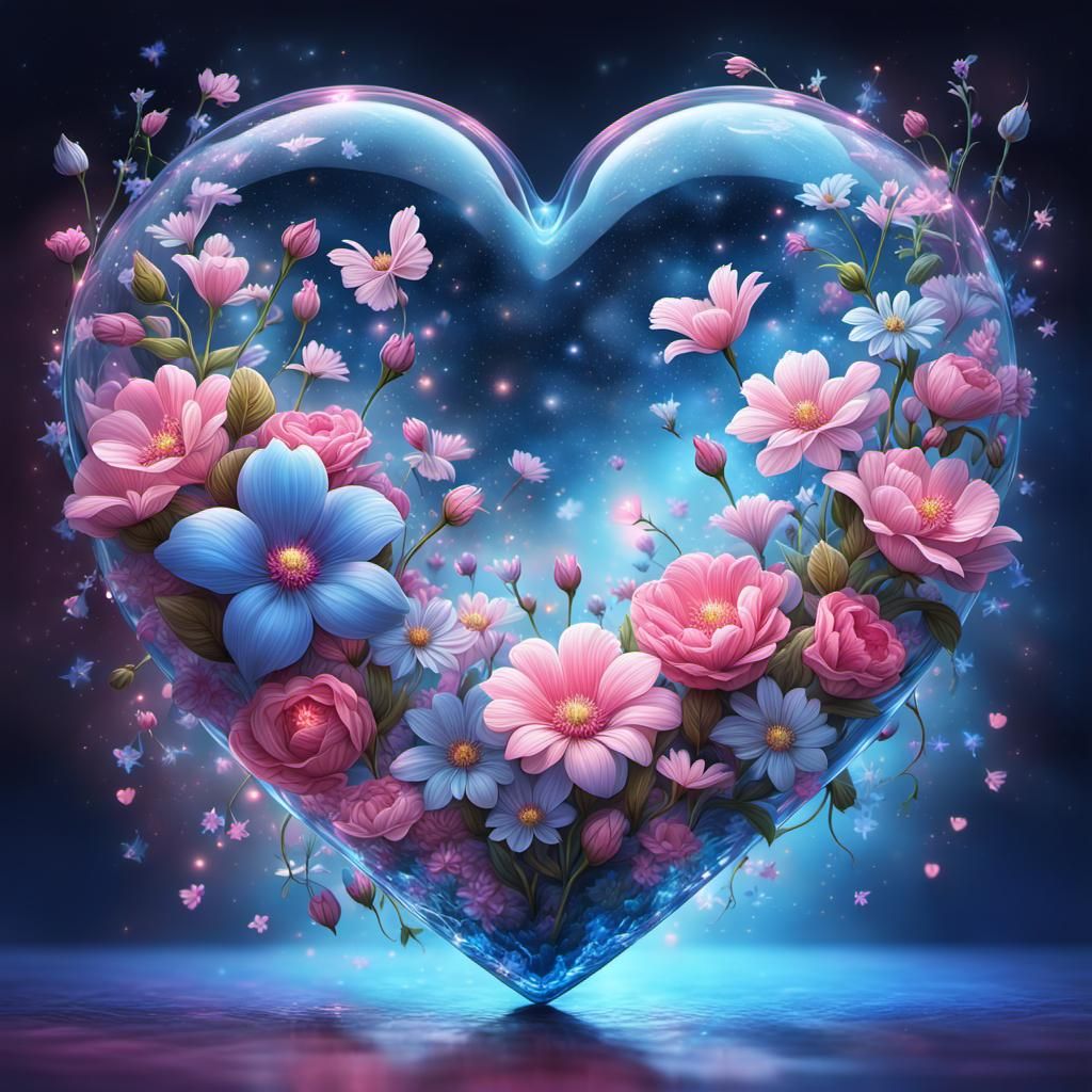 Glass Heart with Flowers in Fantasy Digital Art