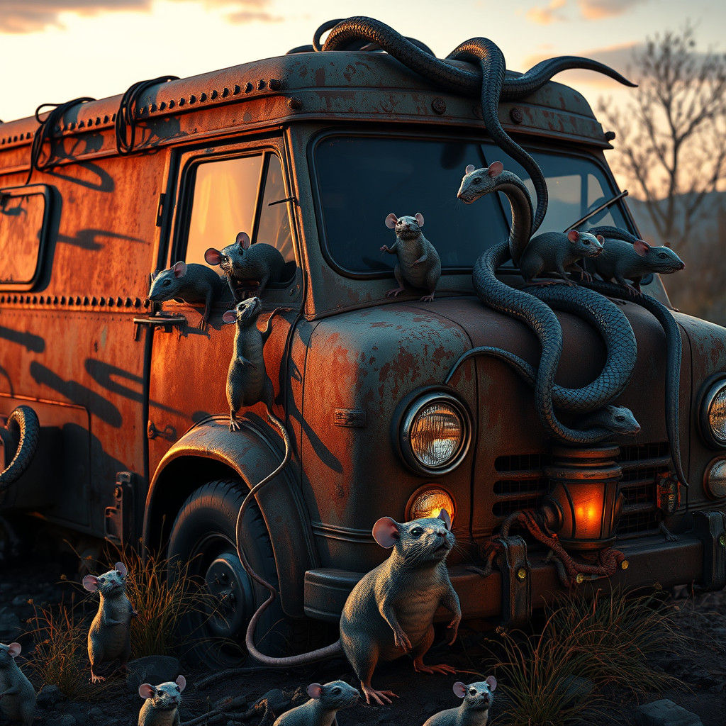 Rats and Serpents Claim Abandoned Van in Surreal Ecosystem