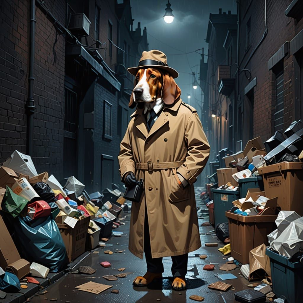 Noir Basset Hound Detective Investigates a Dark Alley