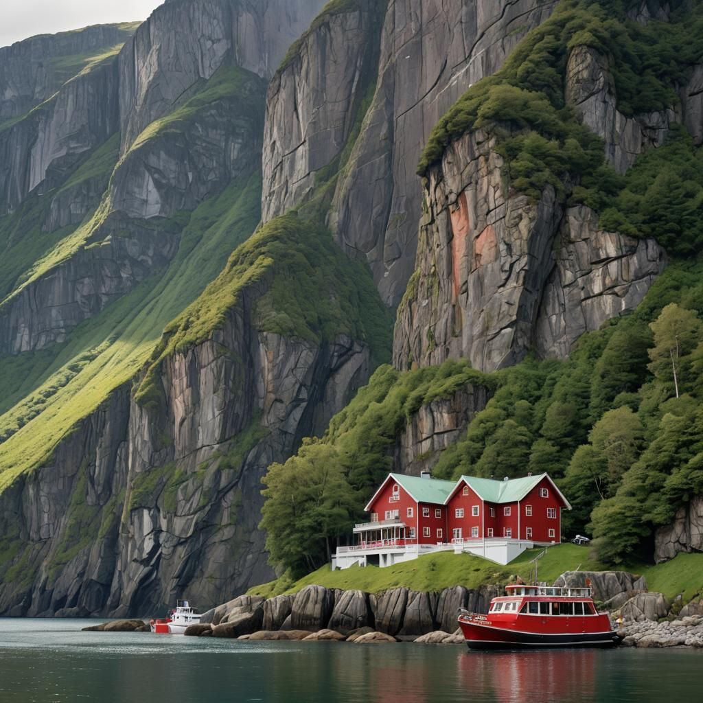 Grand Fjord Landscape with Red Building and Silver Car