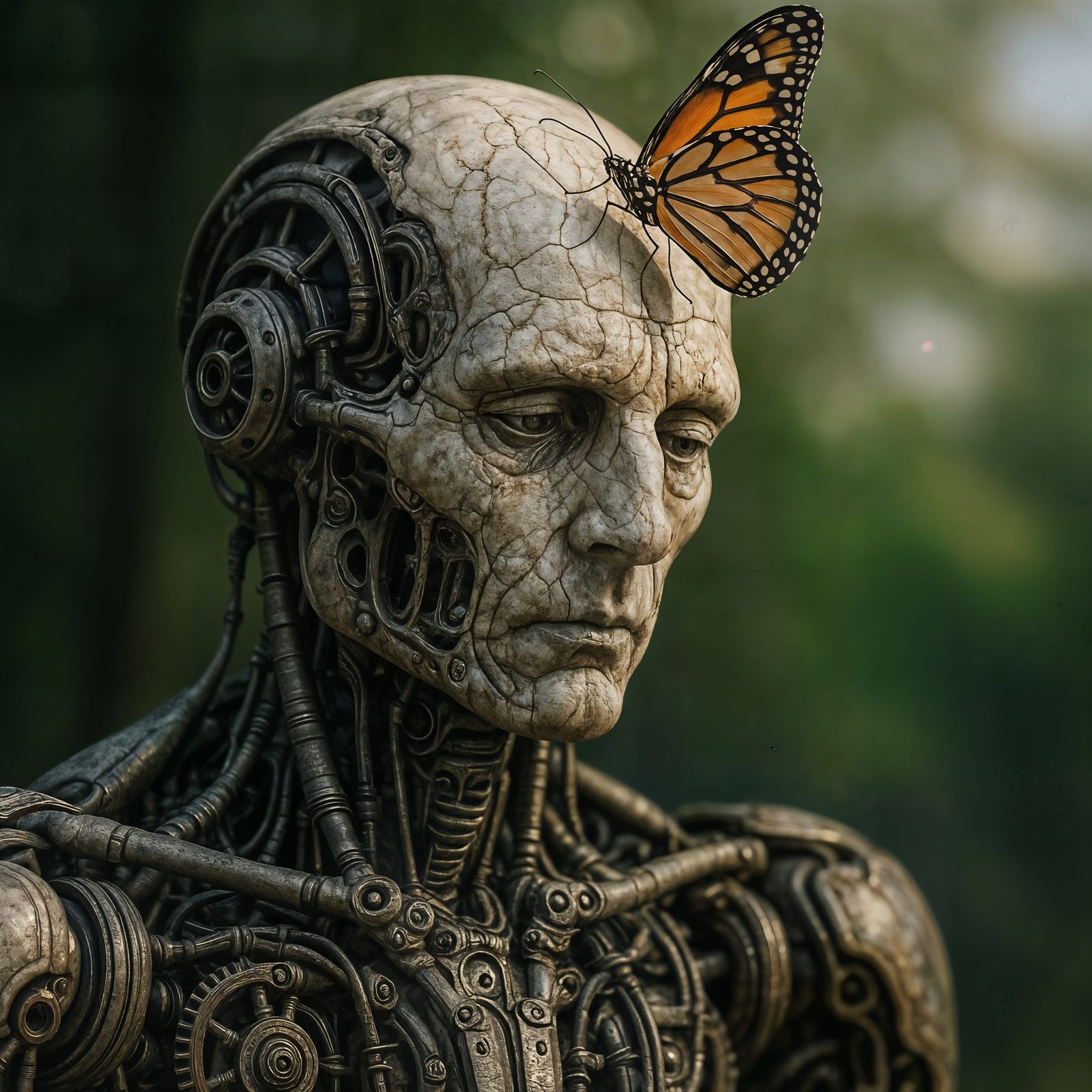 Aged Robot with Butterfly in Surreal CGI Style