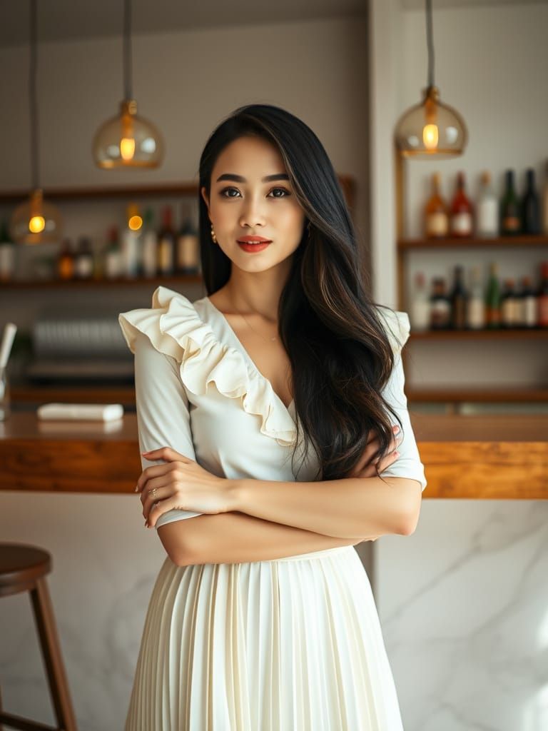 Elegant Vietnamese Woman in Minimalist Bar, Vintage Style