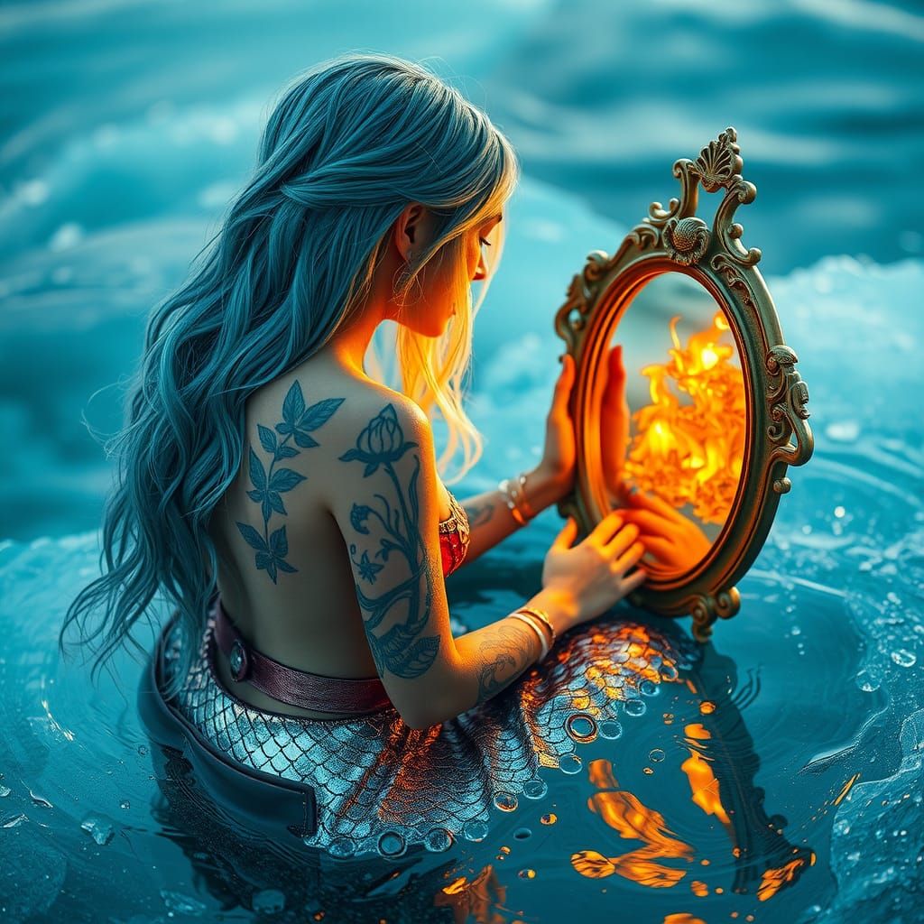 Cyber Mermaid Gazing into Fiery Mirror