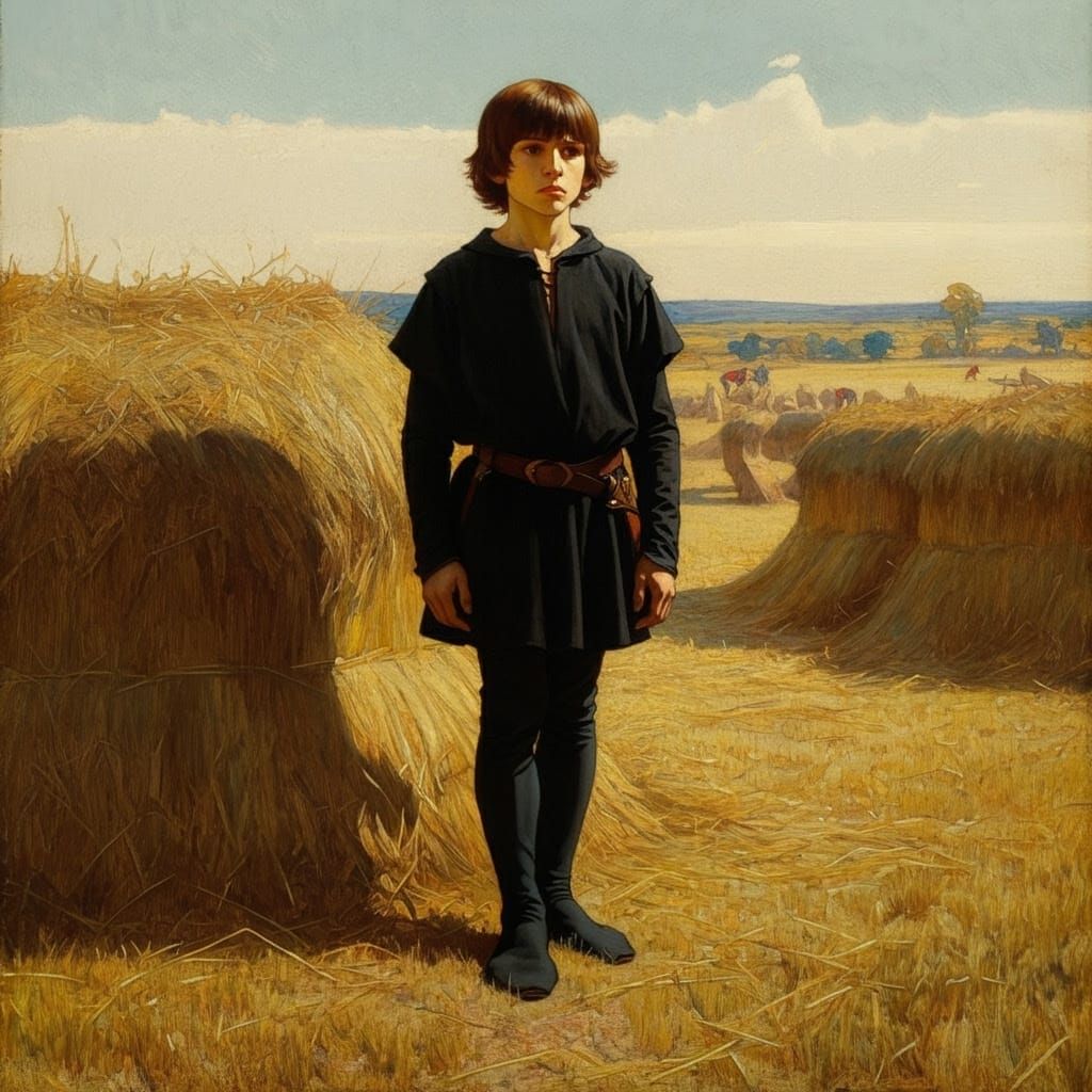 Medieval Boy in Hay Field, Oil Painting
