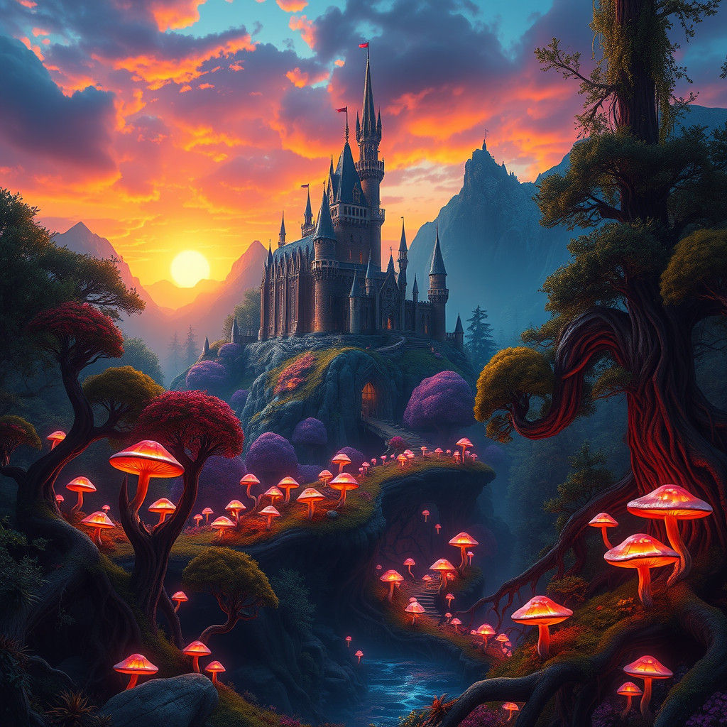 Mystical Castle in High-Fantasy Sunset Landscape