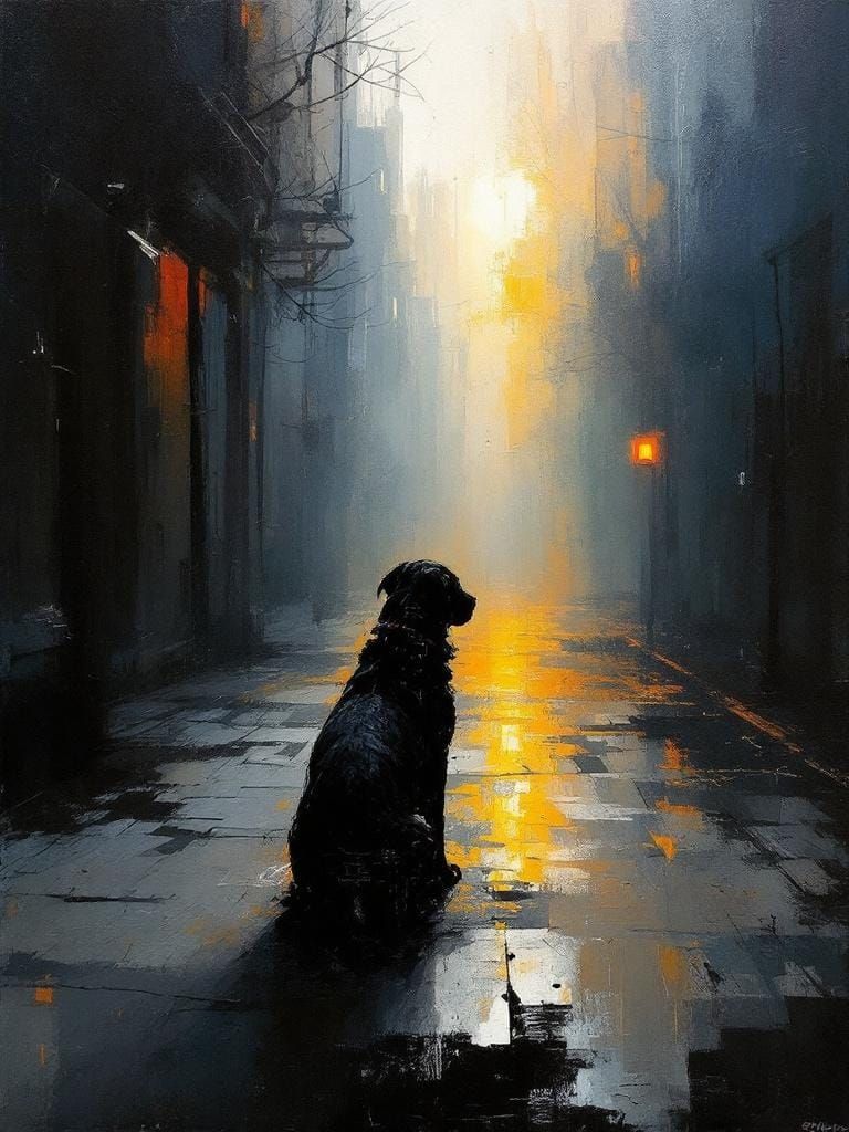 Dog in Sun: Film Noir Cityscape with Luminous Forms