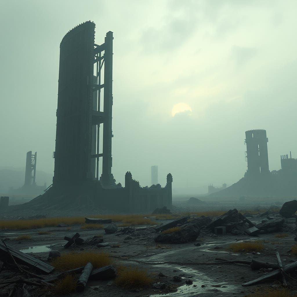 Eerie Dystopian Landscape with Ruins and Silent Atmosphere