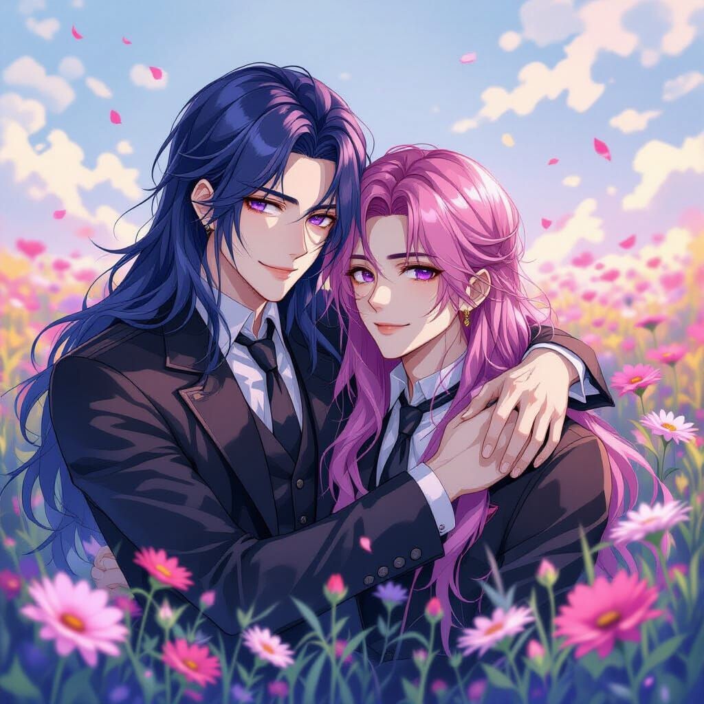 Gothic Romance: Men in Flower Field, Watercolor Ink Style