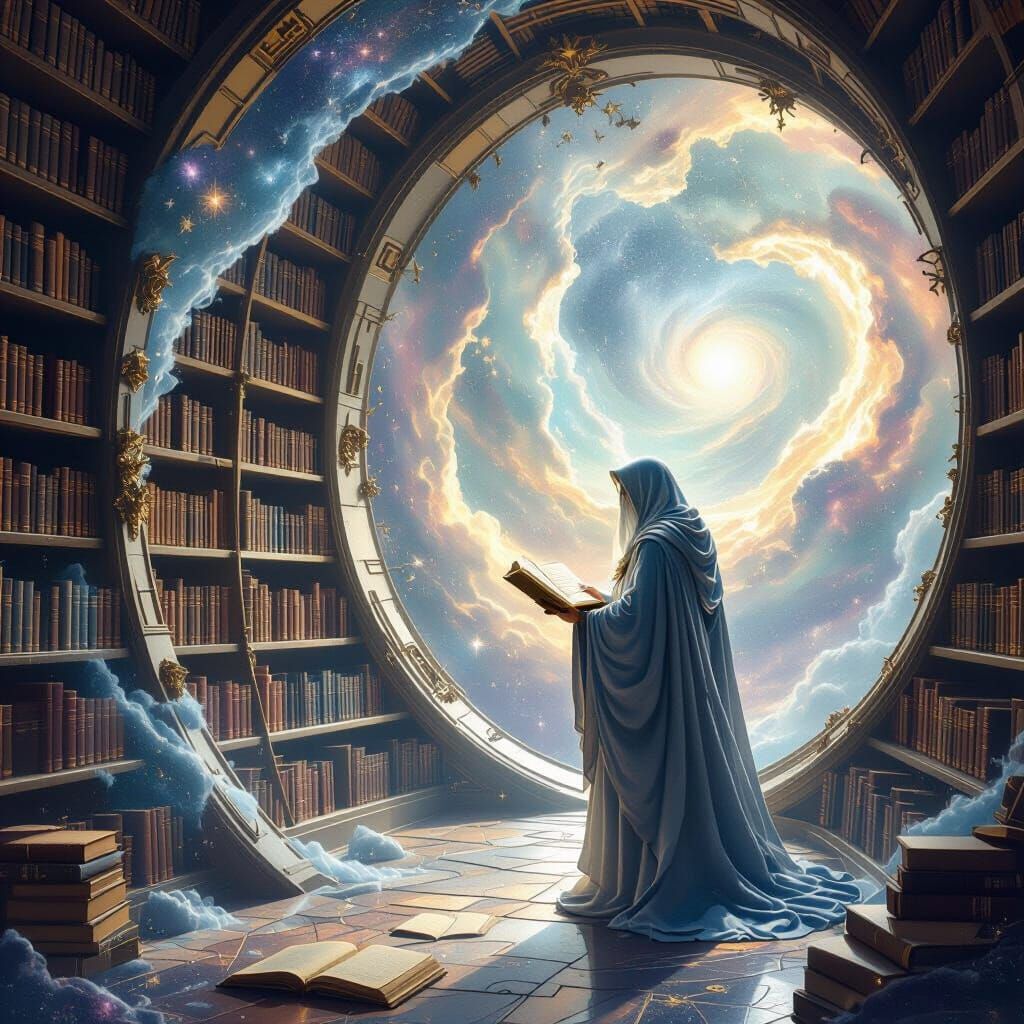 Celestial Library in Nebula, Hyperrealistic Fantasy Art