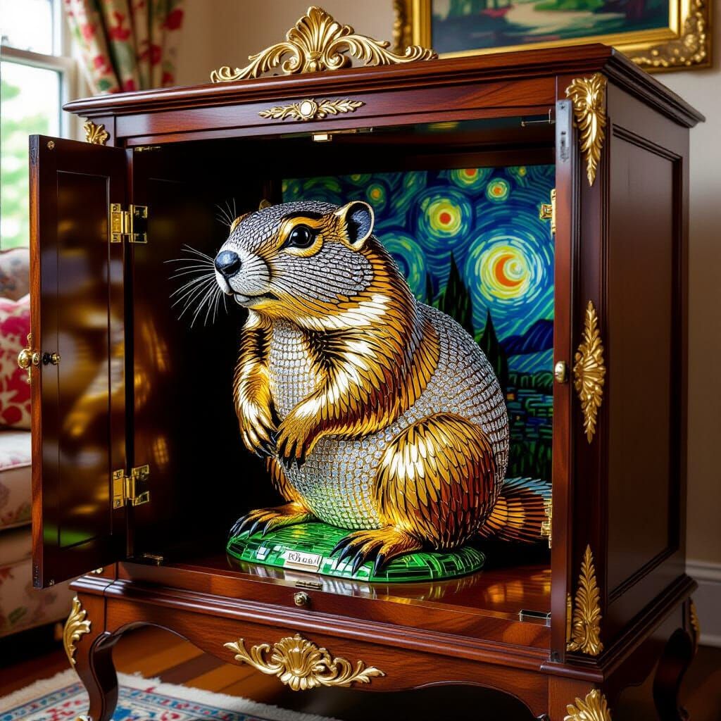 Diamond Gold Groundhog Statue in Antique Cabinet