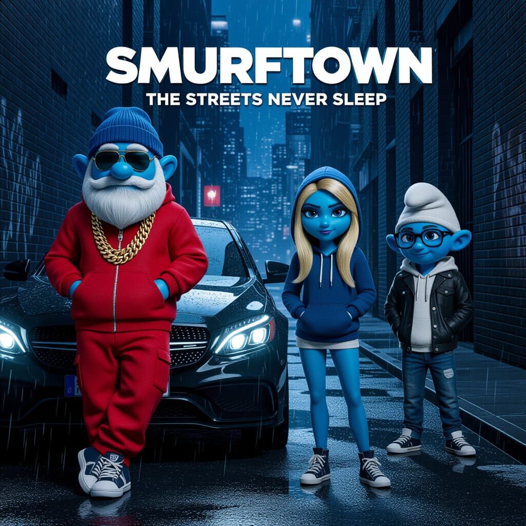 Smurf-Inspired Urban Characters in Gritty City Alley Movie P...