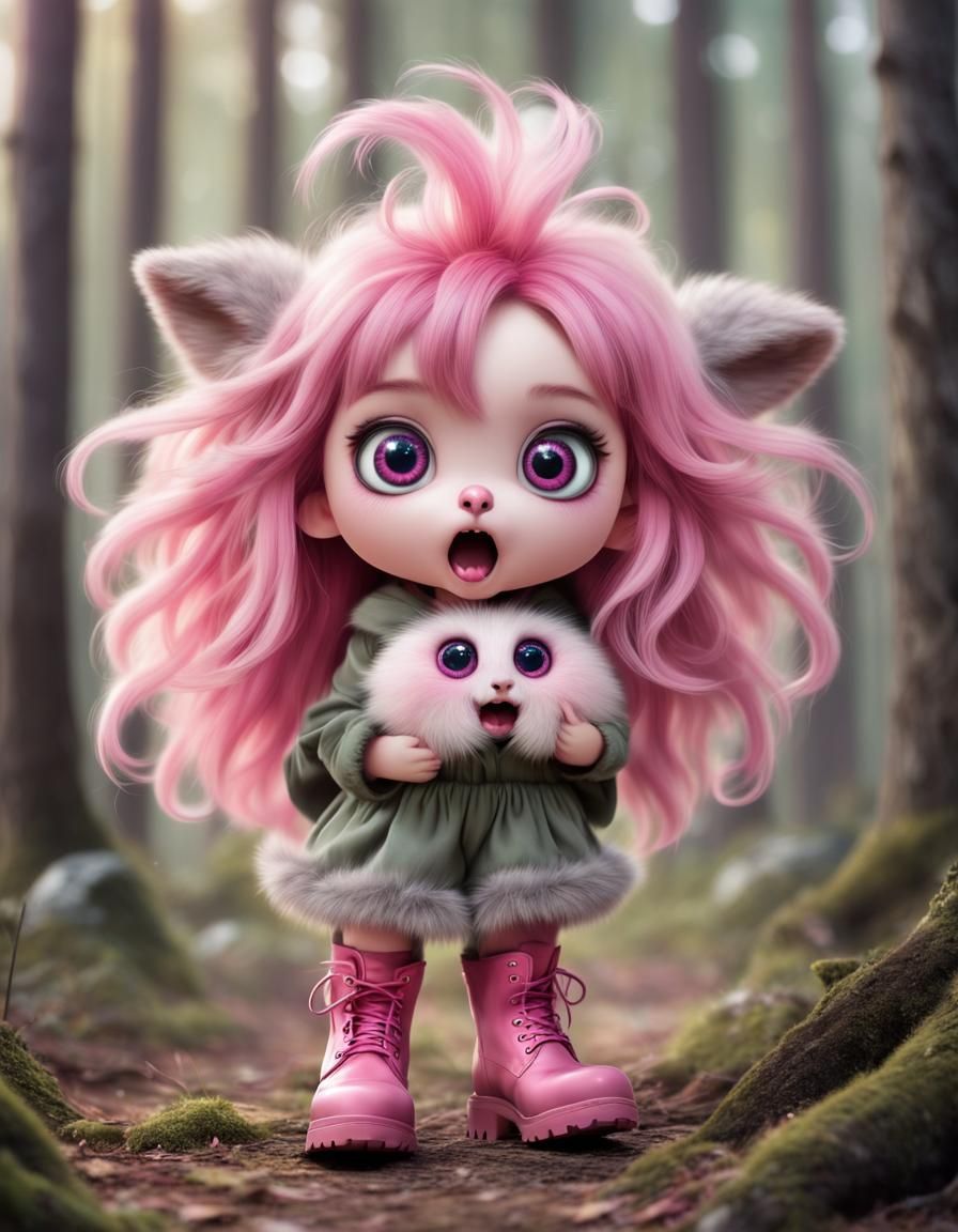 Fluffy Pink Woodland Creature with Huge Eyes