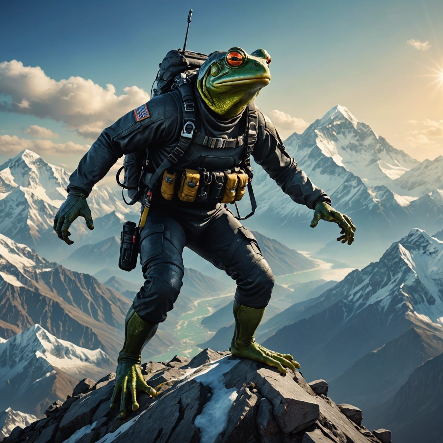 Frogman Climbs Himalayan Peak: Hyperrealistic Splash Art