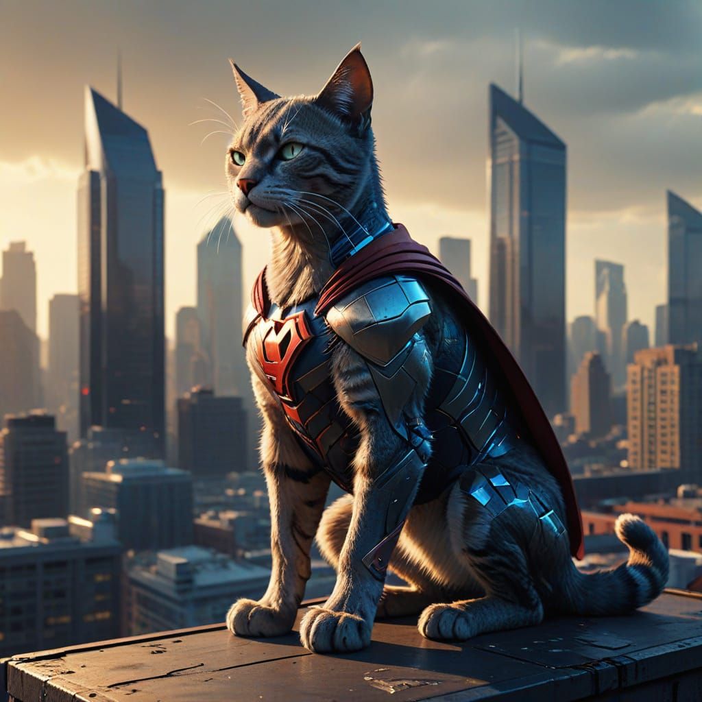 Superhero Cat Overlooking Futuristic City