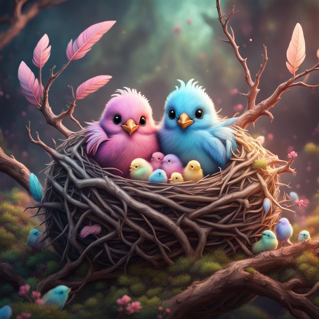 Pastel Rainbow Bird Nest with Chibi Chicks