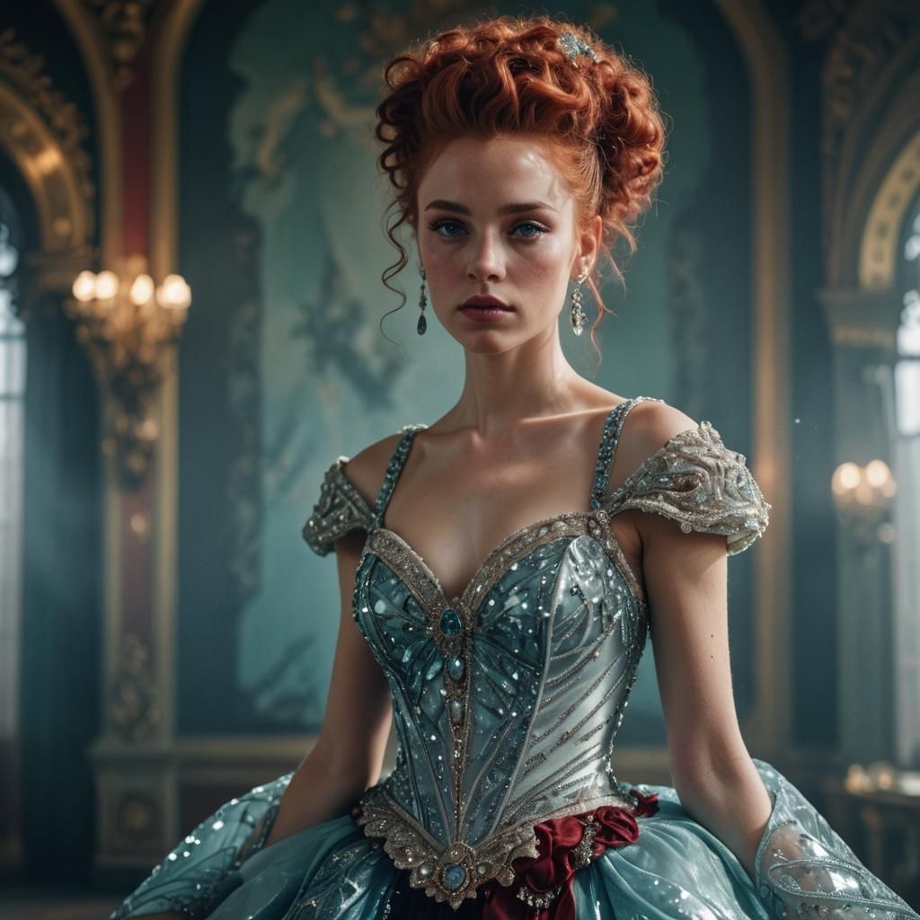 Woman in Encrusted Dress in Atmospheric Ballroom