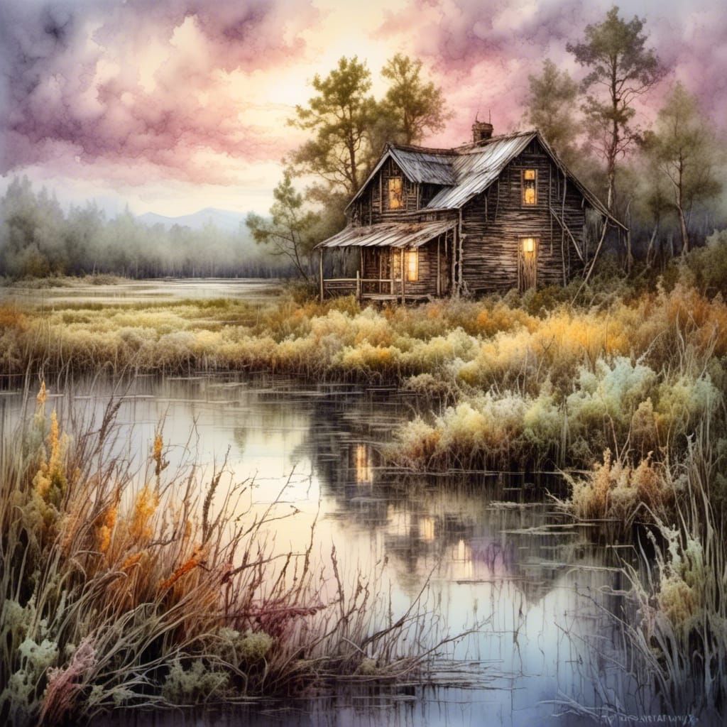 Spring Marsh Watercolor Cabin Scene with Wildflowers