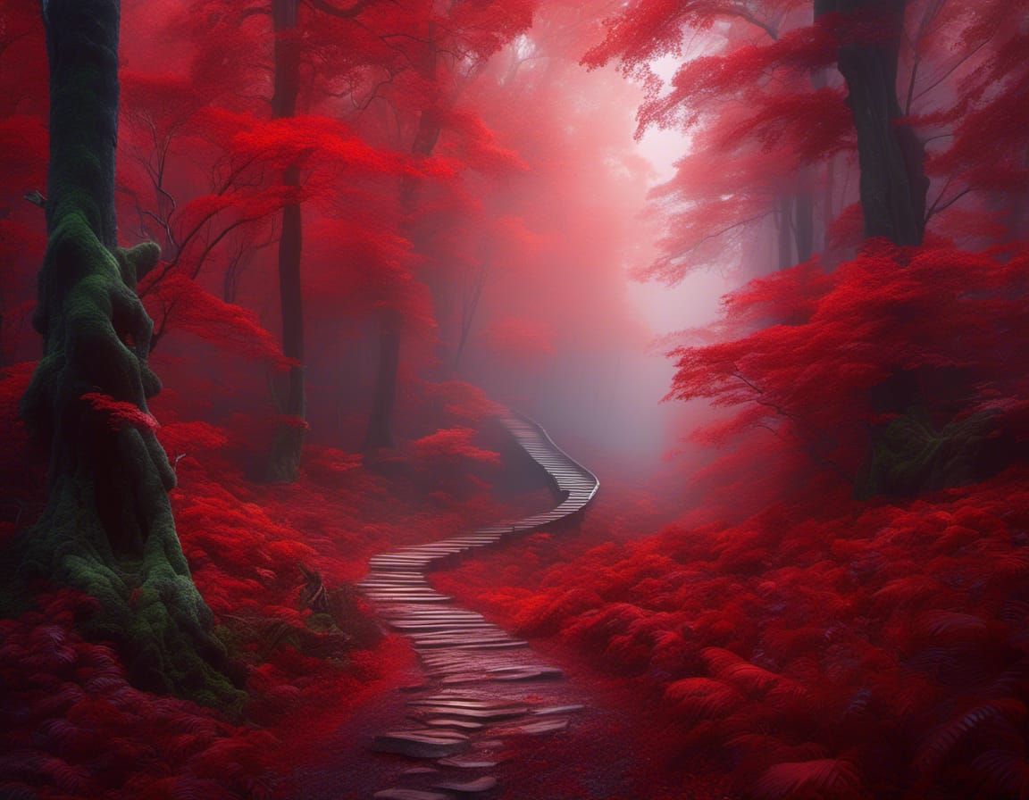 Mystical Forest Path with Red Pillars