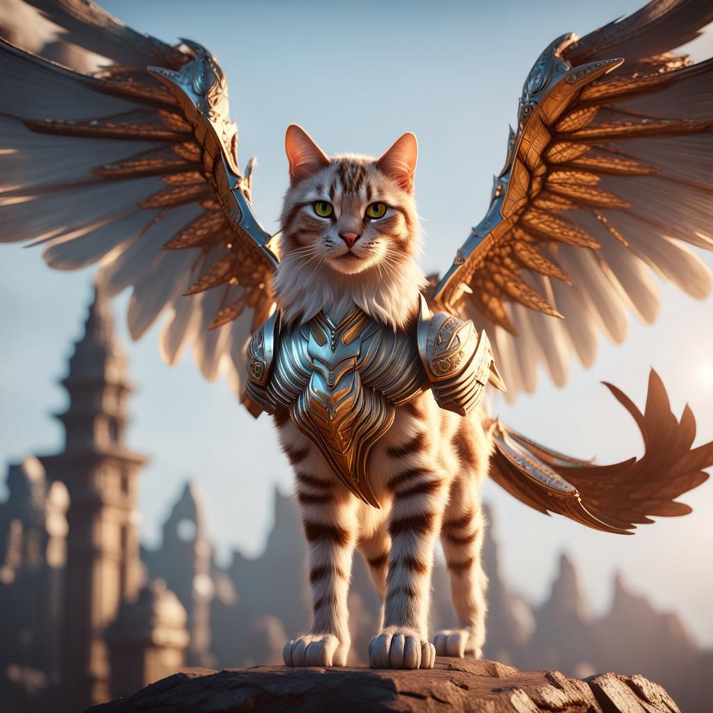 Winged Feline in 3D Game Cinematic Style