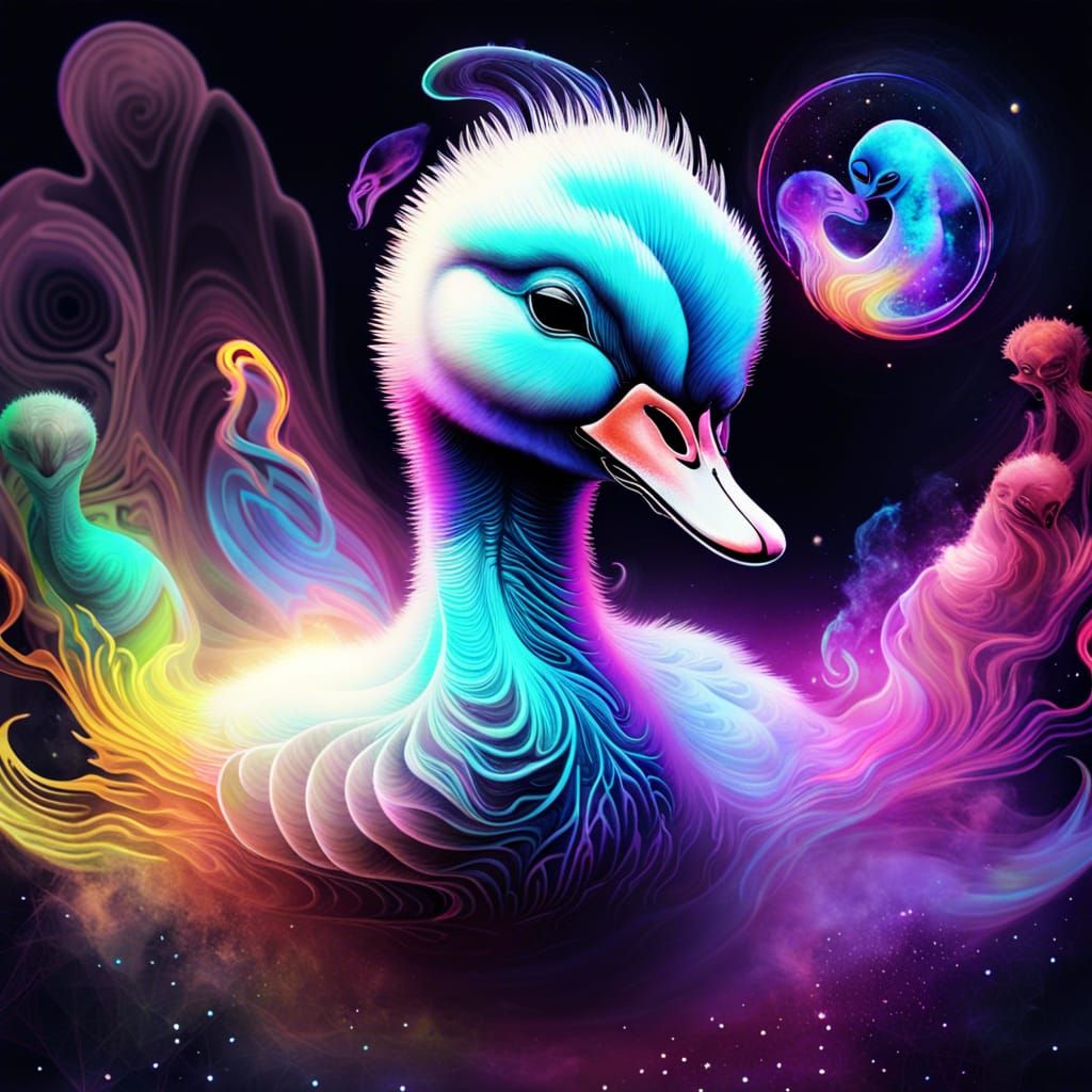 Trippy Alien Baby Swan in Galactic Forest