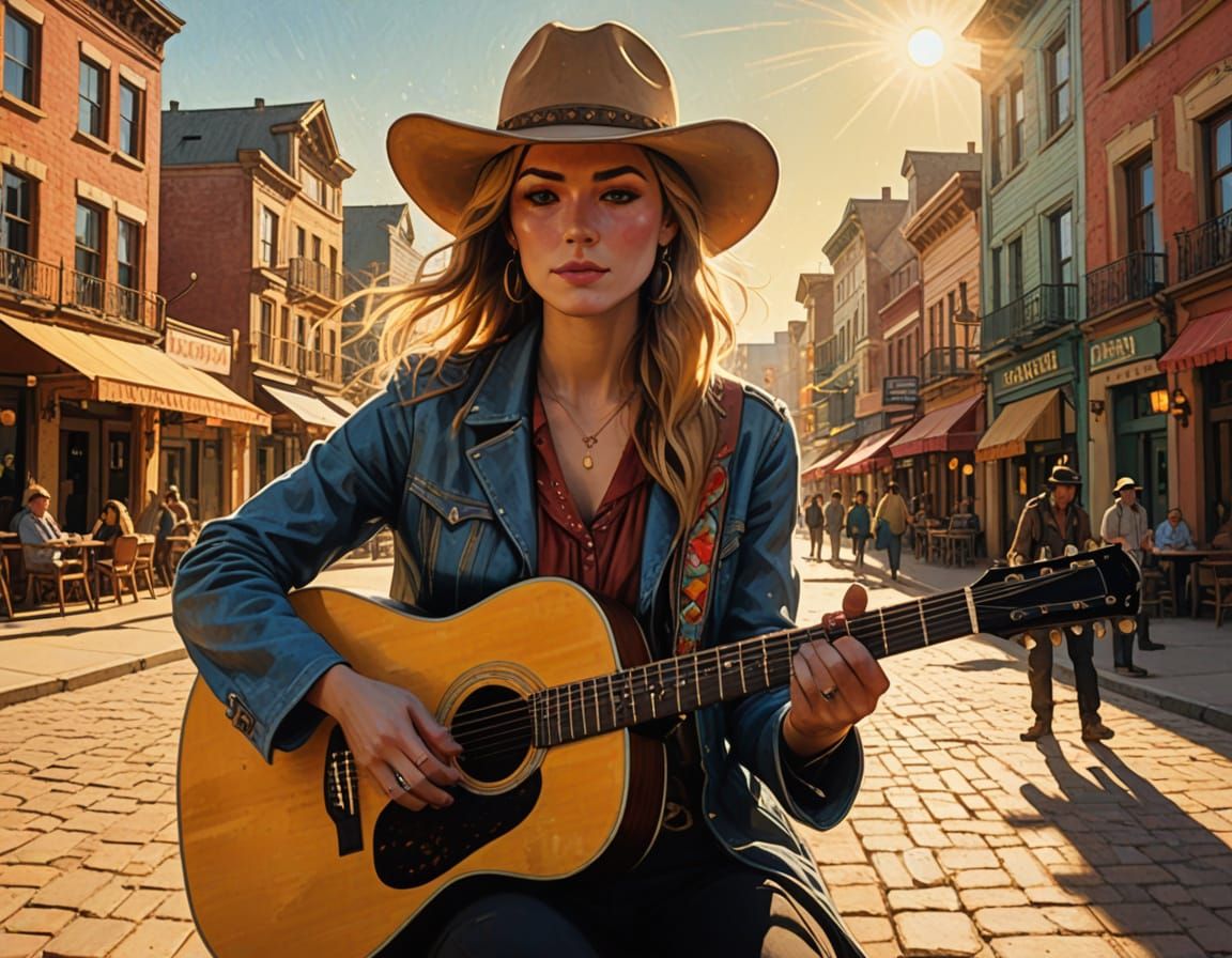 Anime Cowgirl Plays Guitar in Vibrant Western Scene