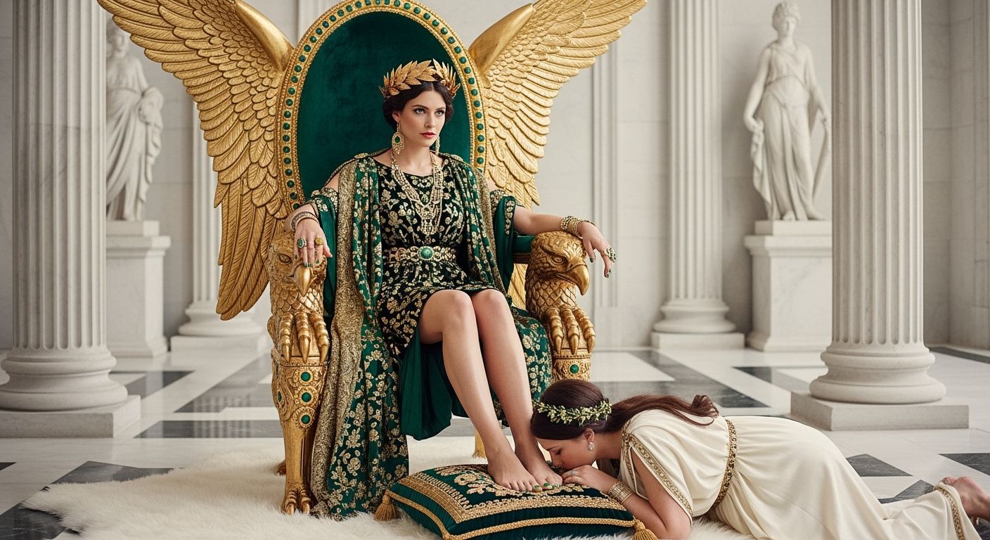 Roman Empress on Emerald Throne, Photorealistic Image