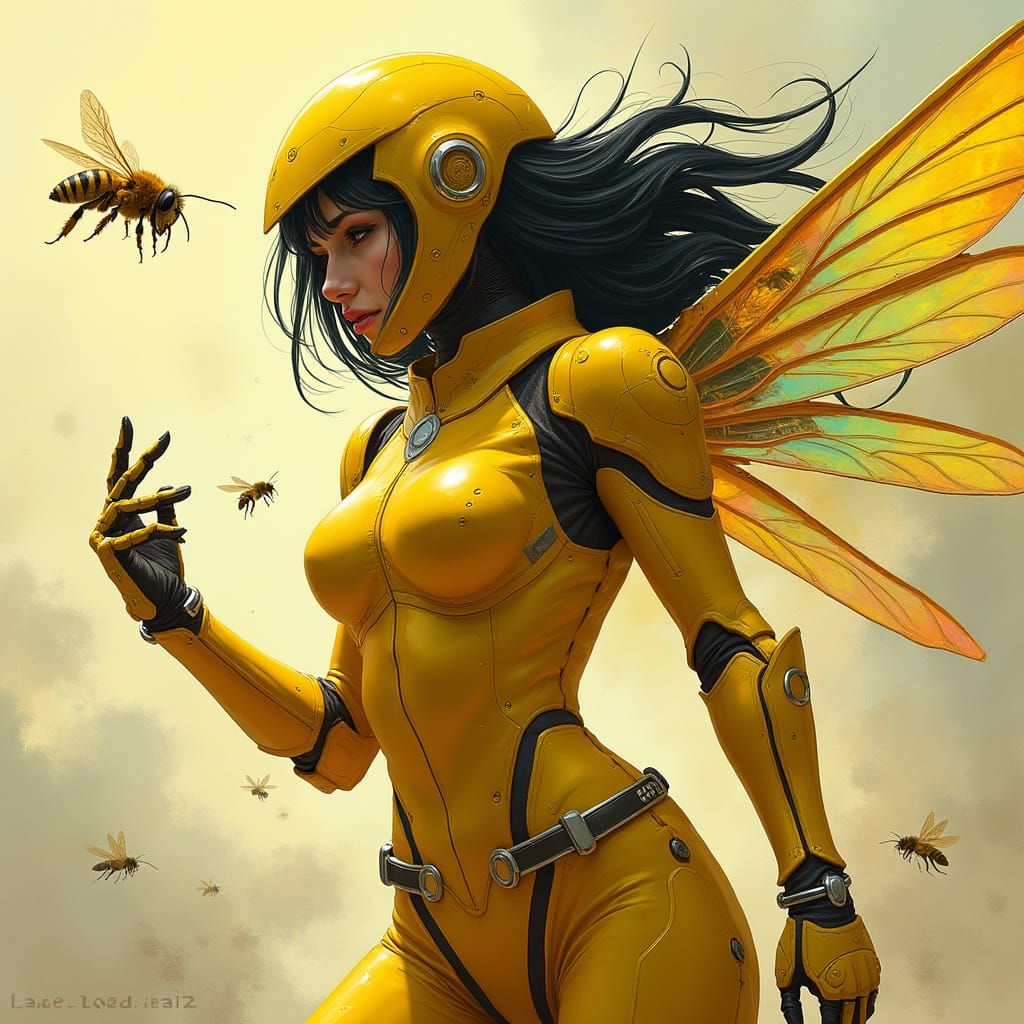 Futuristic Warrior Woman Battles Bees in Iridescent Armor
